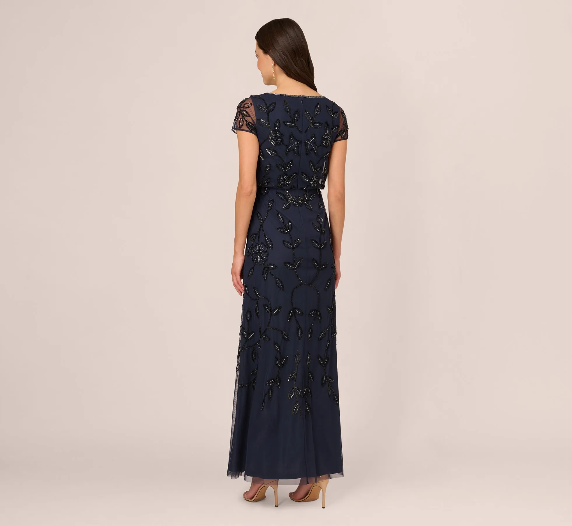 Jasmine Beaded Blouson Gown With Sheer Short Sleeves In Navy Black sold by Adrianna Papell product image thumbnail 4