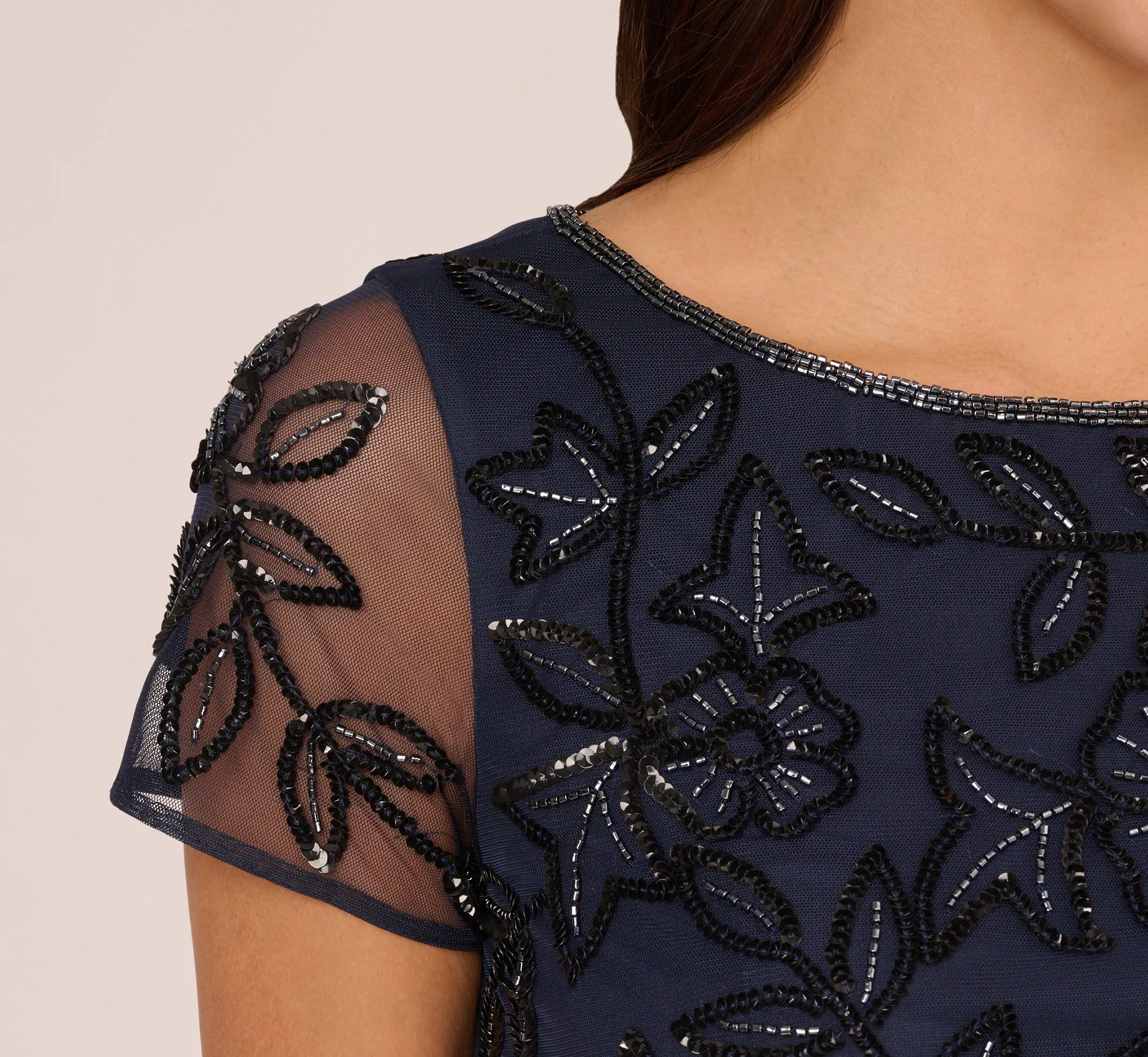 Jasmine Beaded Blouson Gown With Sheer Short Sleeves In Navy Black sold by Adrianna Papell product image thumbnail 5