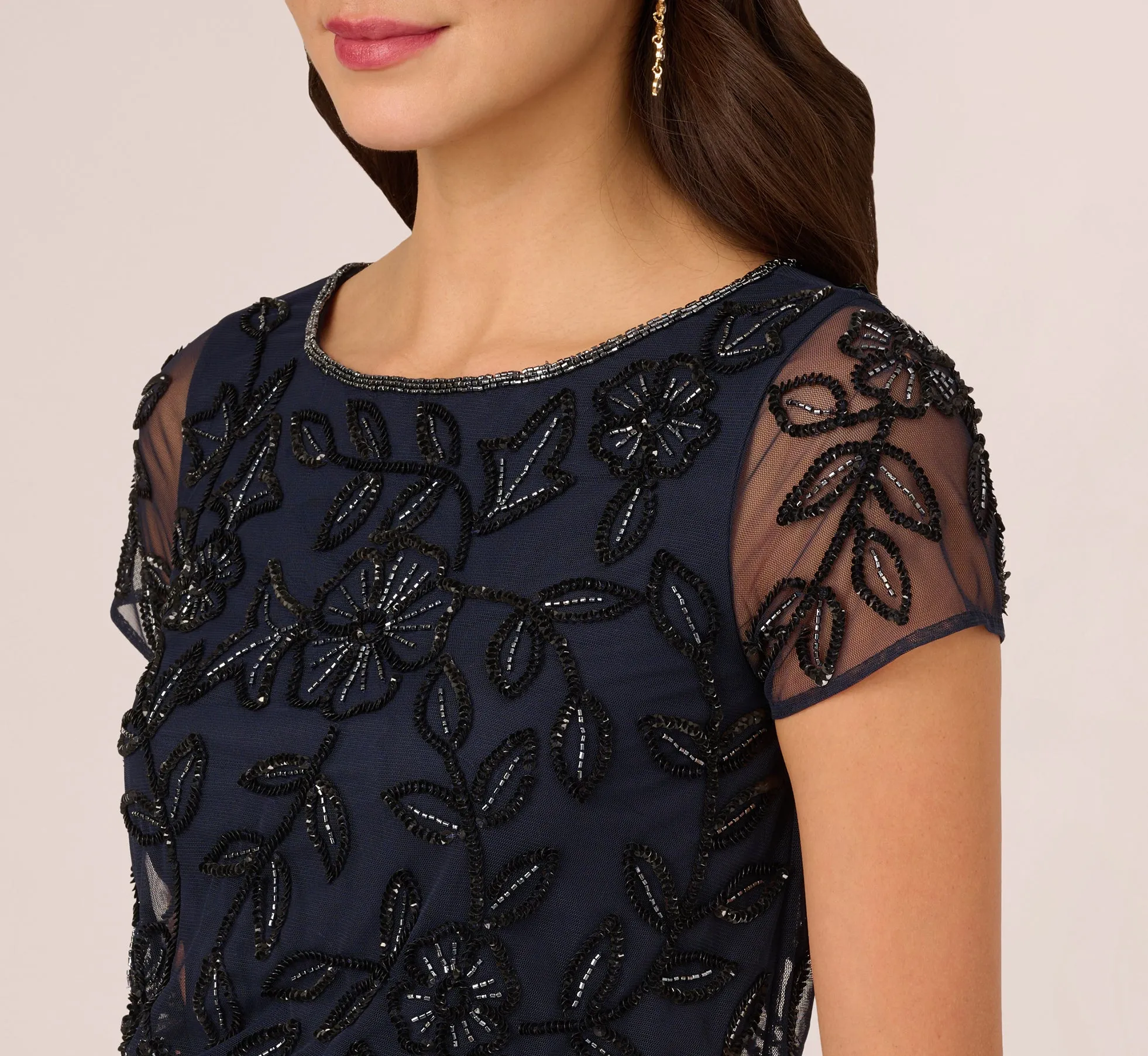Jasmine Beaded Blouson Gown With Sheer Short Sleeves In Navy Black sold by Adrianna Papell product image thumbnail 3