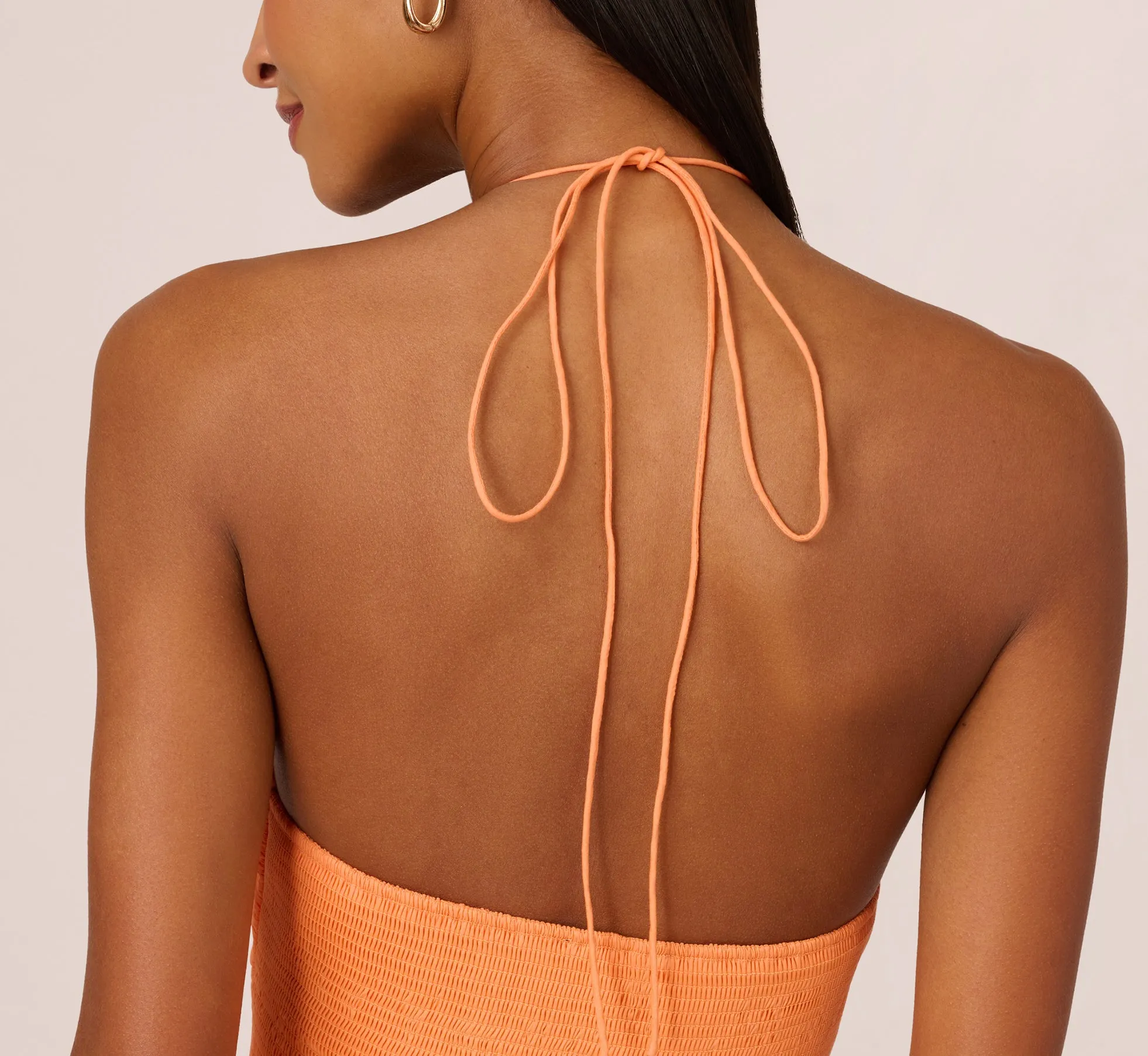 Tie Halter Midi Dress With Shirred Bodice In Apricot Sorbet sold by Adrianna Papell product image thumbnail 5
