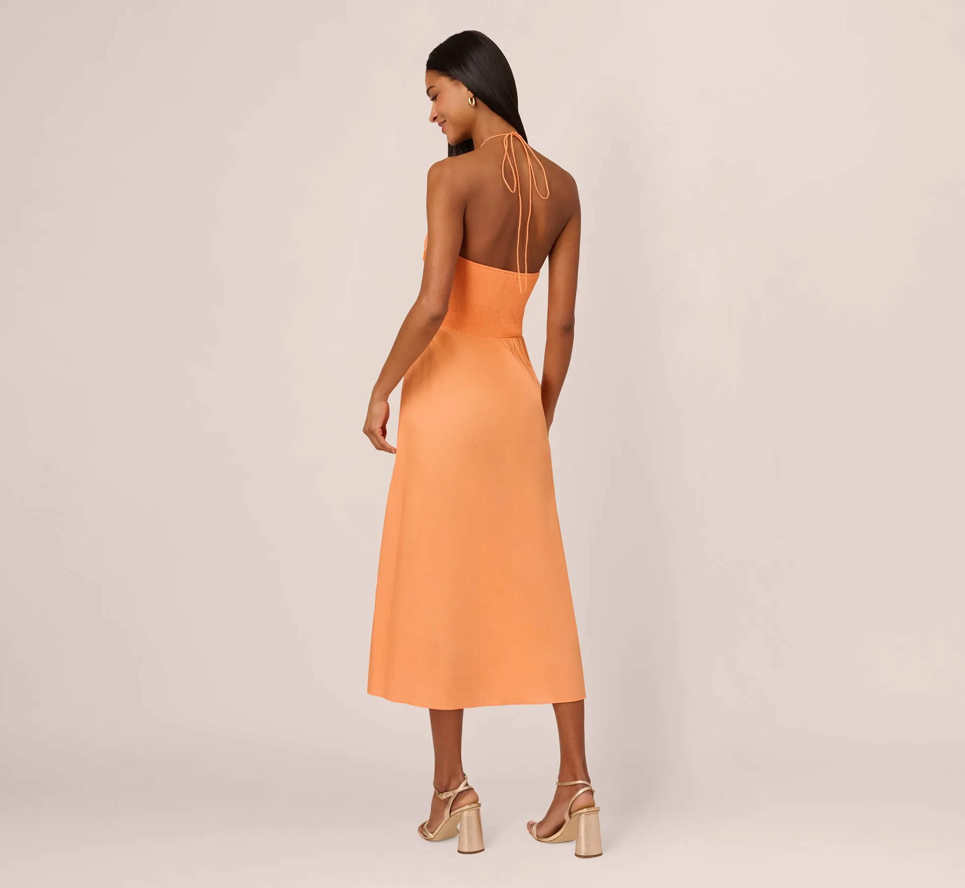 Tie Halter Midi Dress With Shirred Bodice In Apricot Sorbet sold by Adrianna Papell product image thumbnail 4