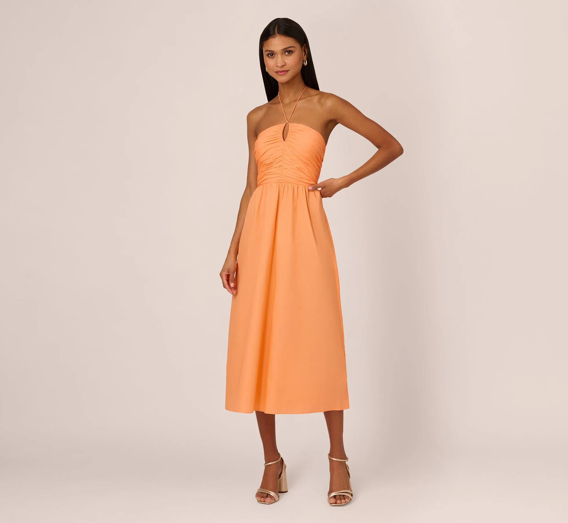 Tie Halter Midi Dress With Shirred Bodice In Apricot Sorbet sold by Adrianna Papell