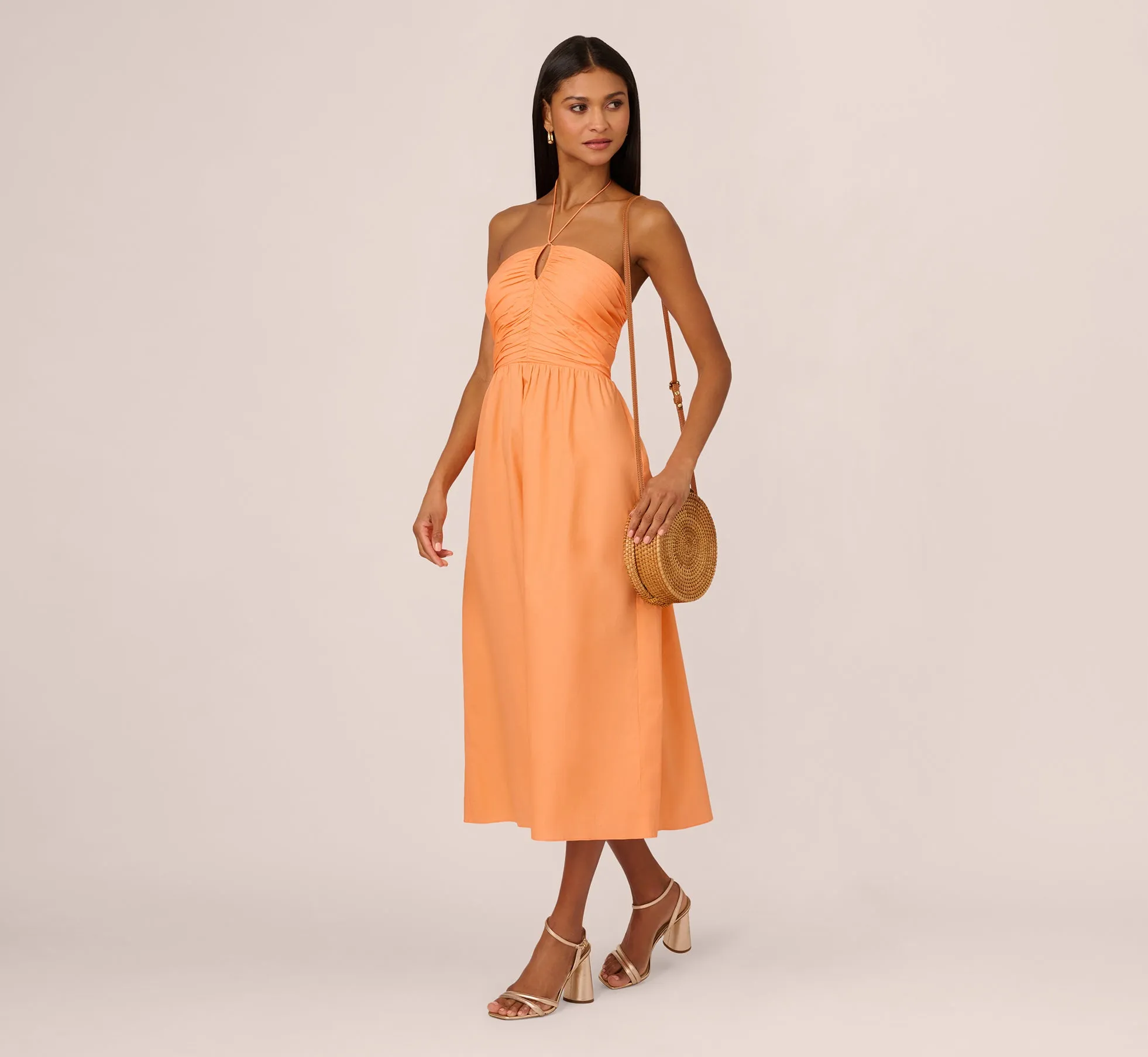 Tie Halter Midi Dress With Shirred Bodice In Apricot Sorbet sold by Adrianna Papell product image thumbnail 2