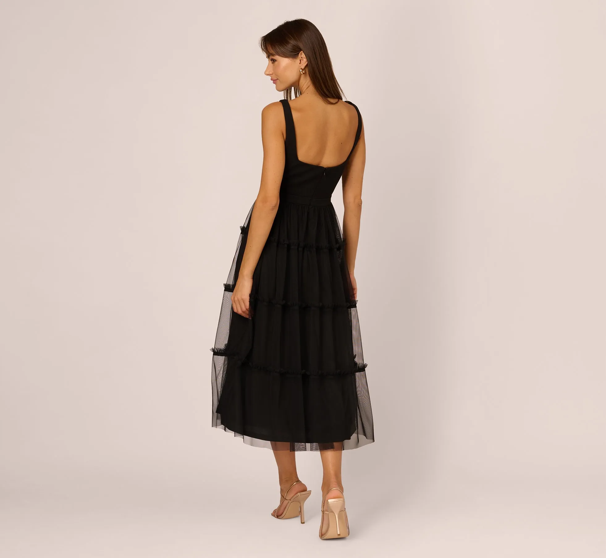 Sleeveless Midi Dress With Square Neck And Tiered Skirt In Black sold by Adrianna Papell product image thumbnail 5