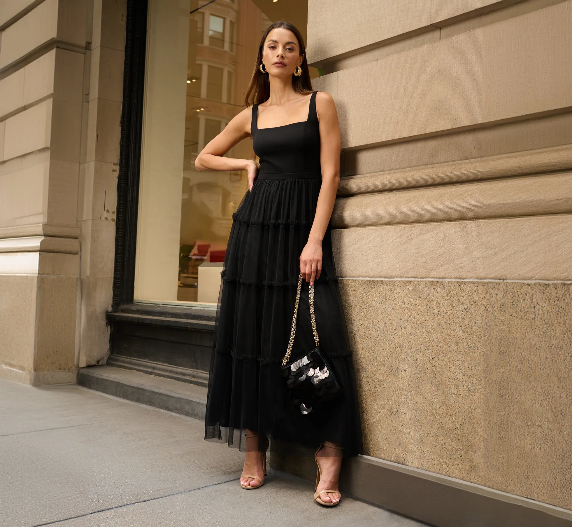 Sleeveless Midi Dress With Square Neck And Tiered Skirt In Black sold by Adrianna Papell