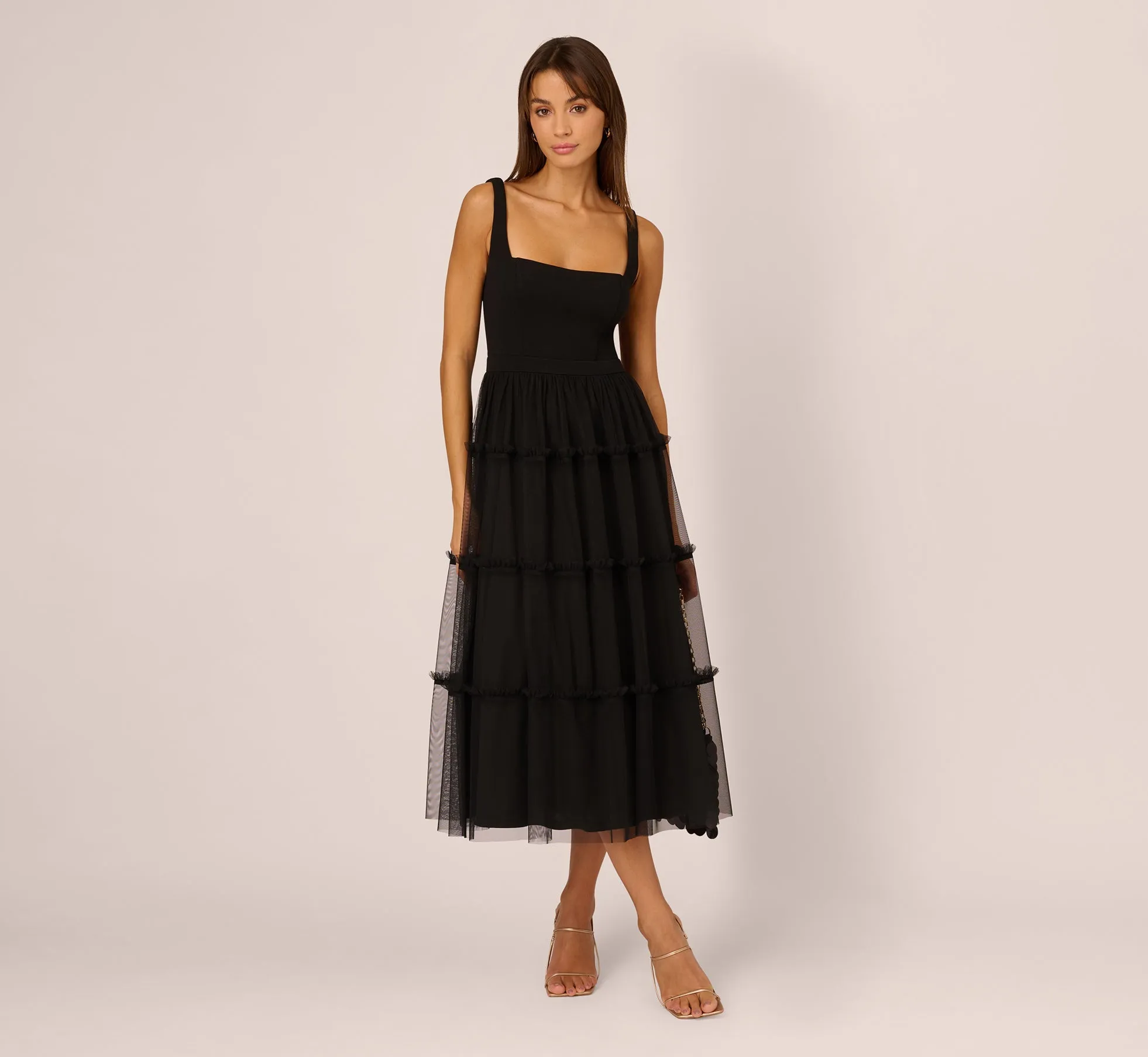 Sleeveless Midi Dress With Square Neck And Tiered Skirt In Black sold by Adrianna Papell product image thumbnail 2
