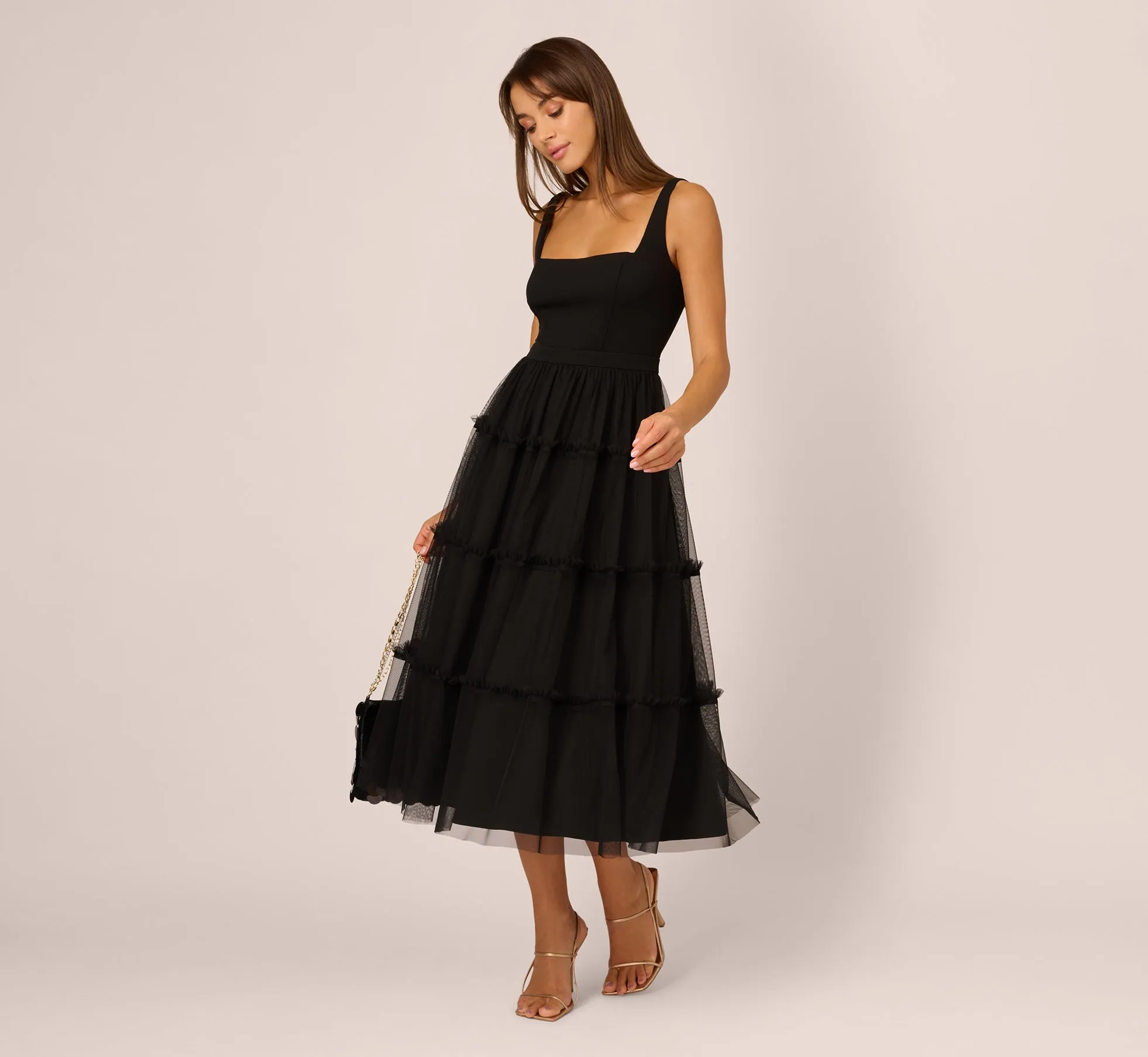 Sleeveless Midi Dress With Square Neck And Tiered Skirt In Black sold by Adrianna Papell product image thumbnail 3