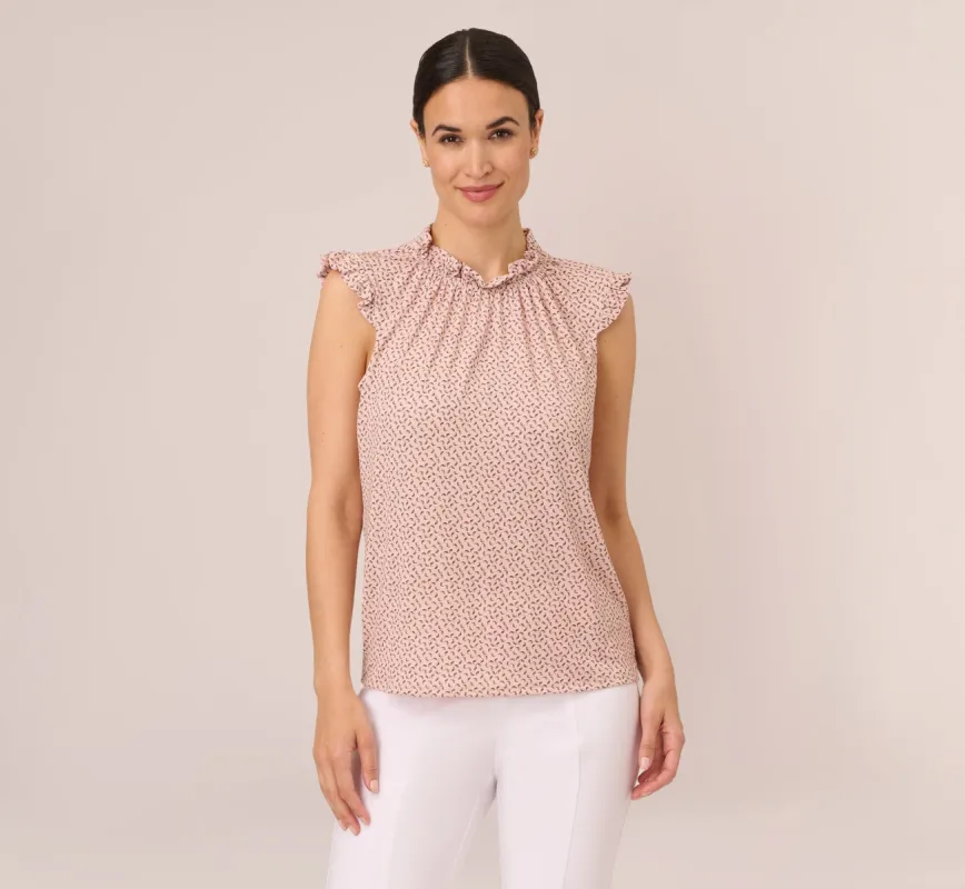 Mock Neck Print Top With Ruffled Details In Champagne Blowing Leaf sold by Adrianna Papell