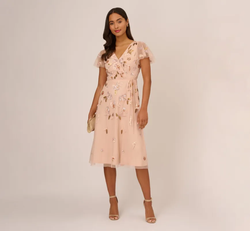 Floral Beaded Faux Wrap Dress With Sheer Flutter Sleeves In Blush Multi sold by Adrianna Papell