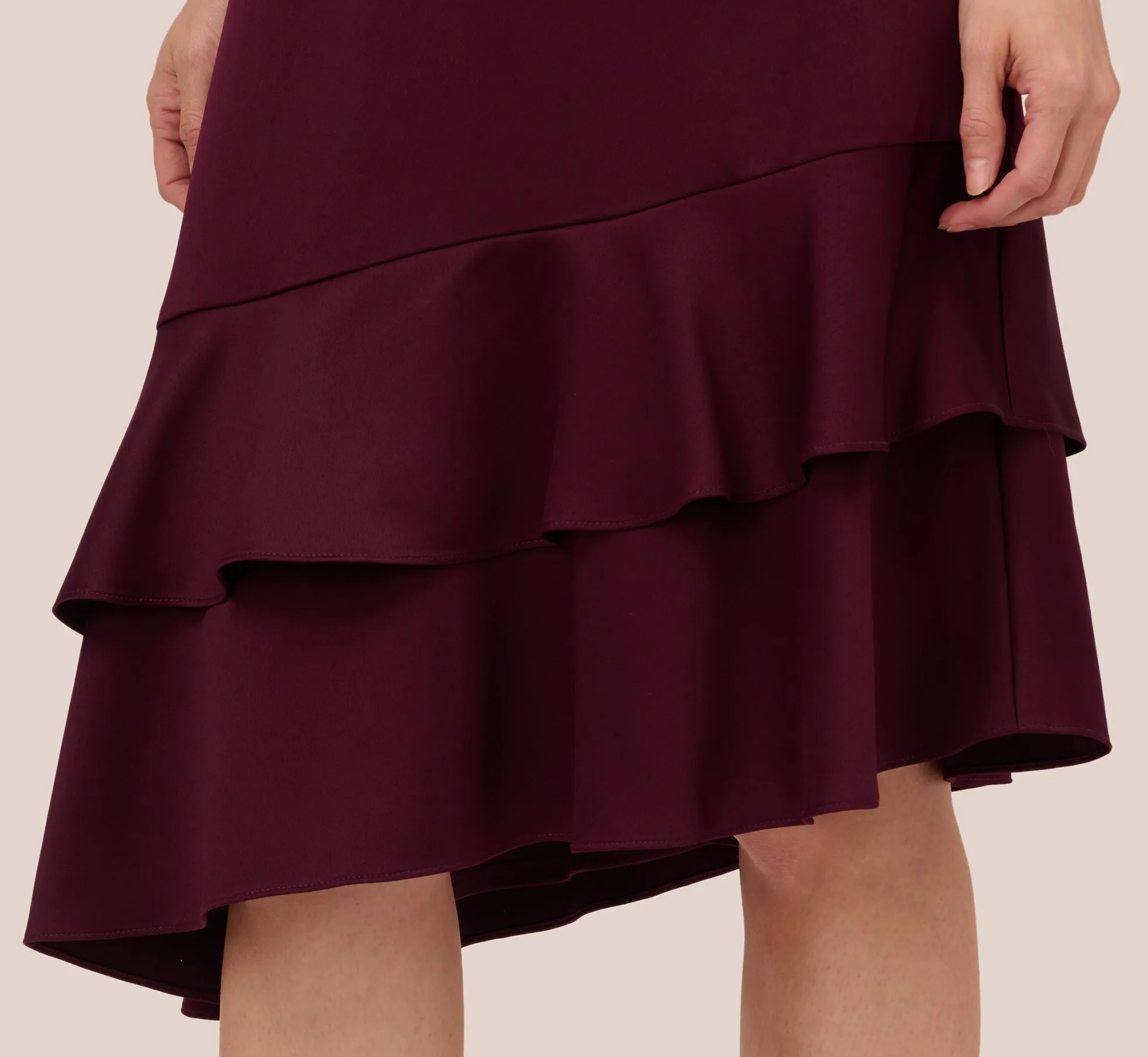 Satin Crepe Halter Midi Dress With Ruffled Hem In Bordeaux Glow sold by Adrianna Papell product image thumbnail 5