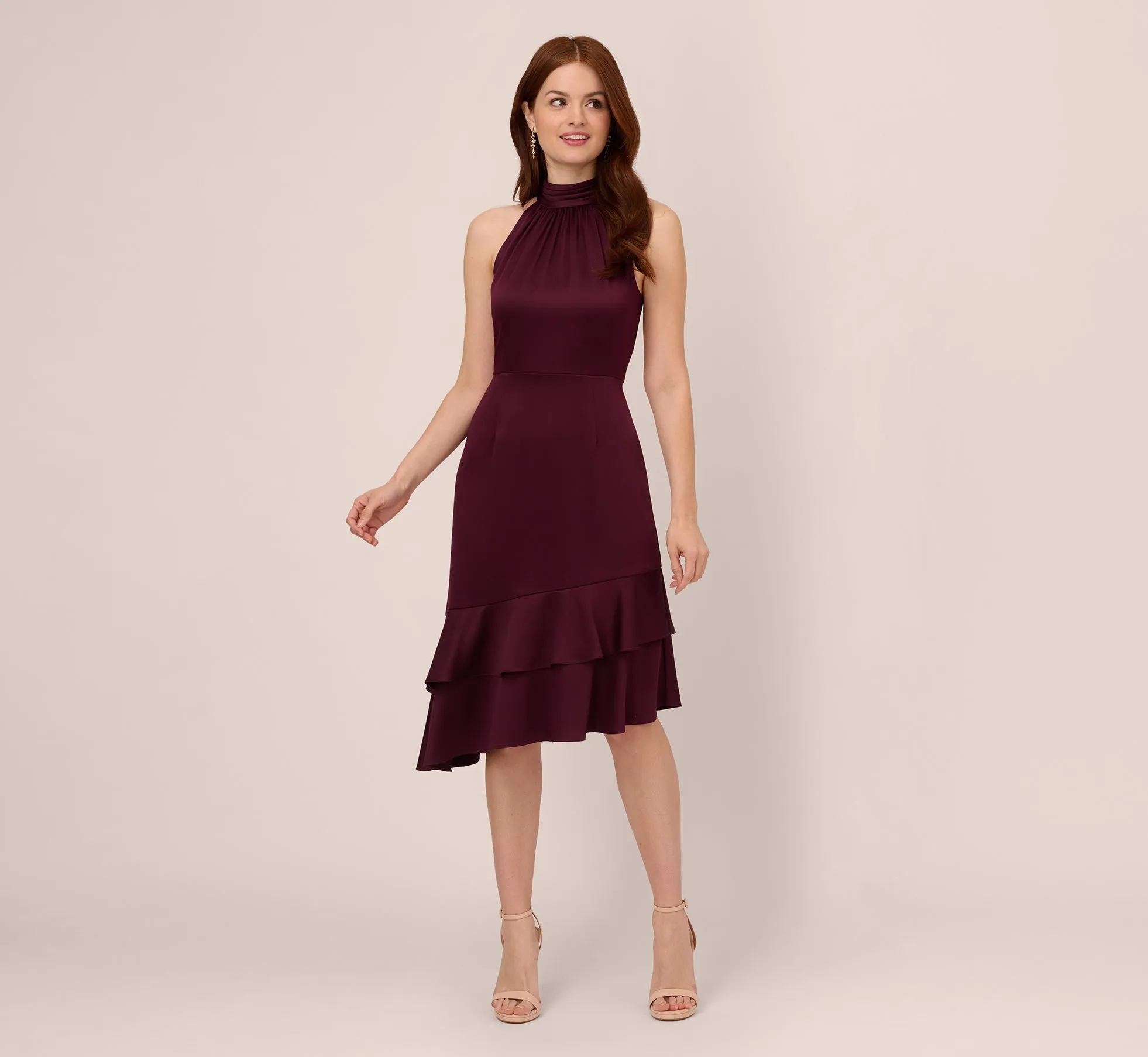 Satin Crepe Halter Midi Dress With Ruffled Hem In Bordeaux Glow sold by Adrianna Papell