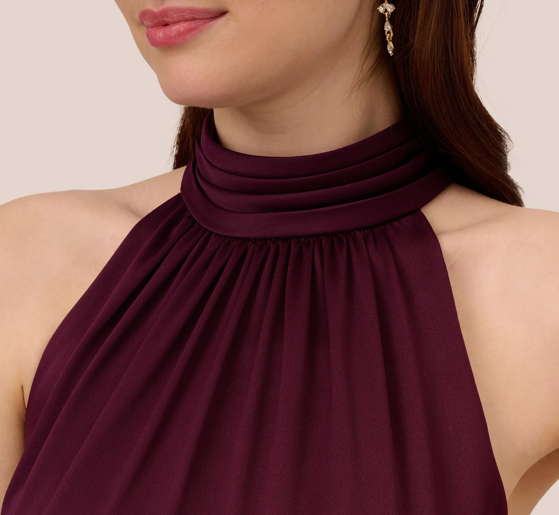 Satin Crepe Halter Midi Dress With Ruffled Hem In Bordeaux Glow sold by Adrianna Papell product image thumbnail 3