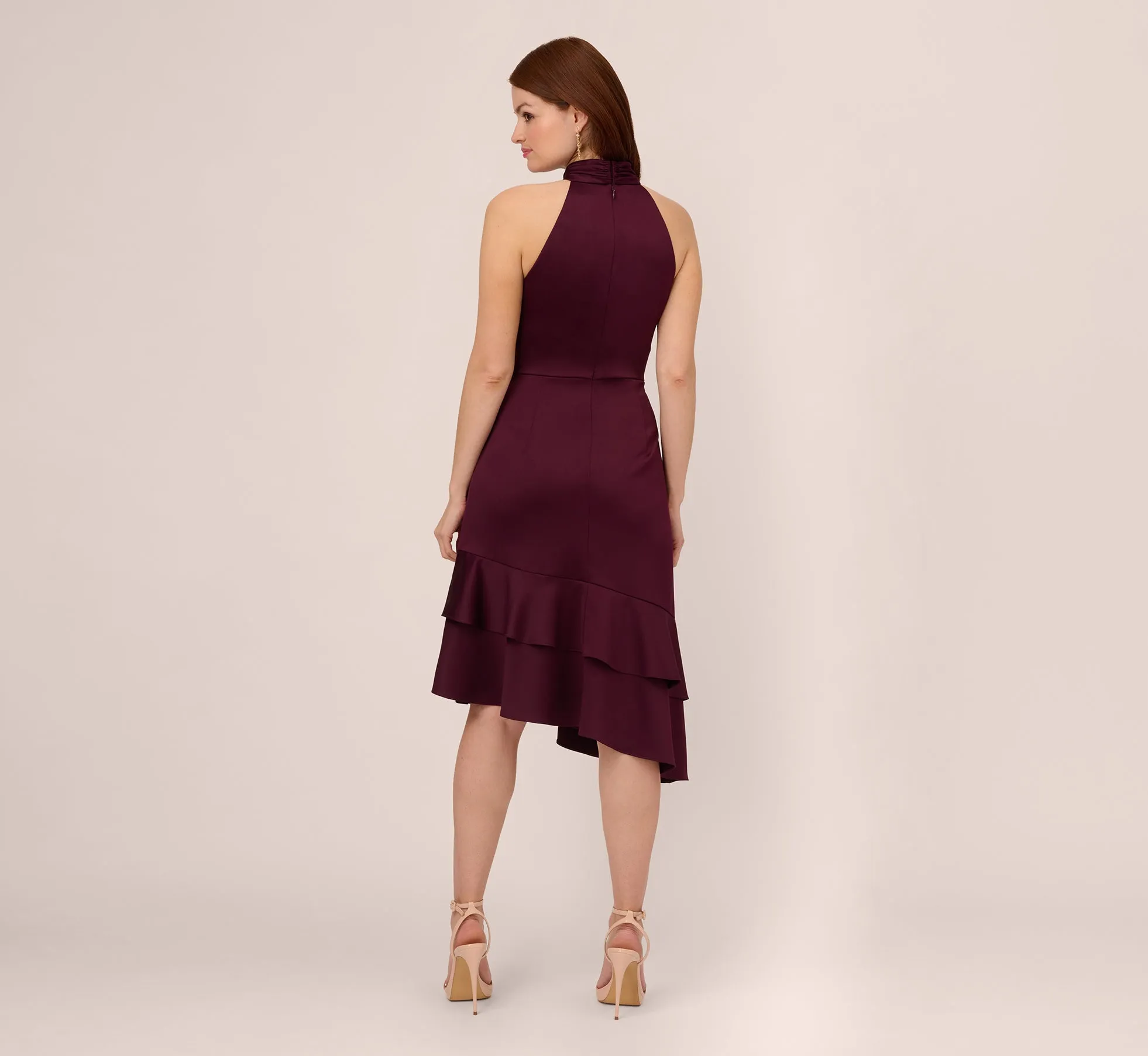 Satin Crepe Halter Midi Dress With Ruffled Hem In Bordeaux Glow sold by Adrianna Papell product image thumbnail 4