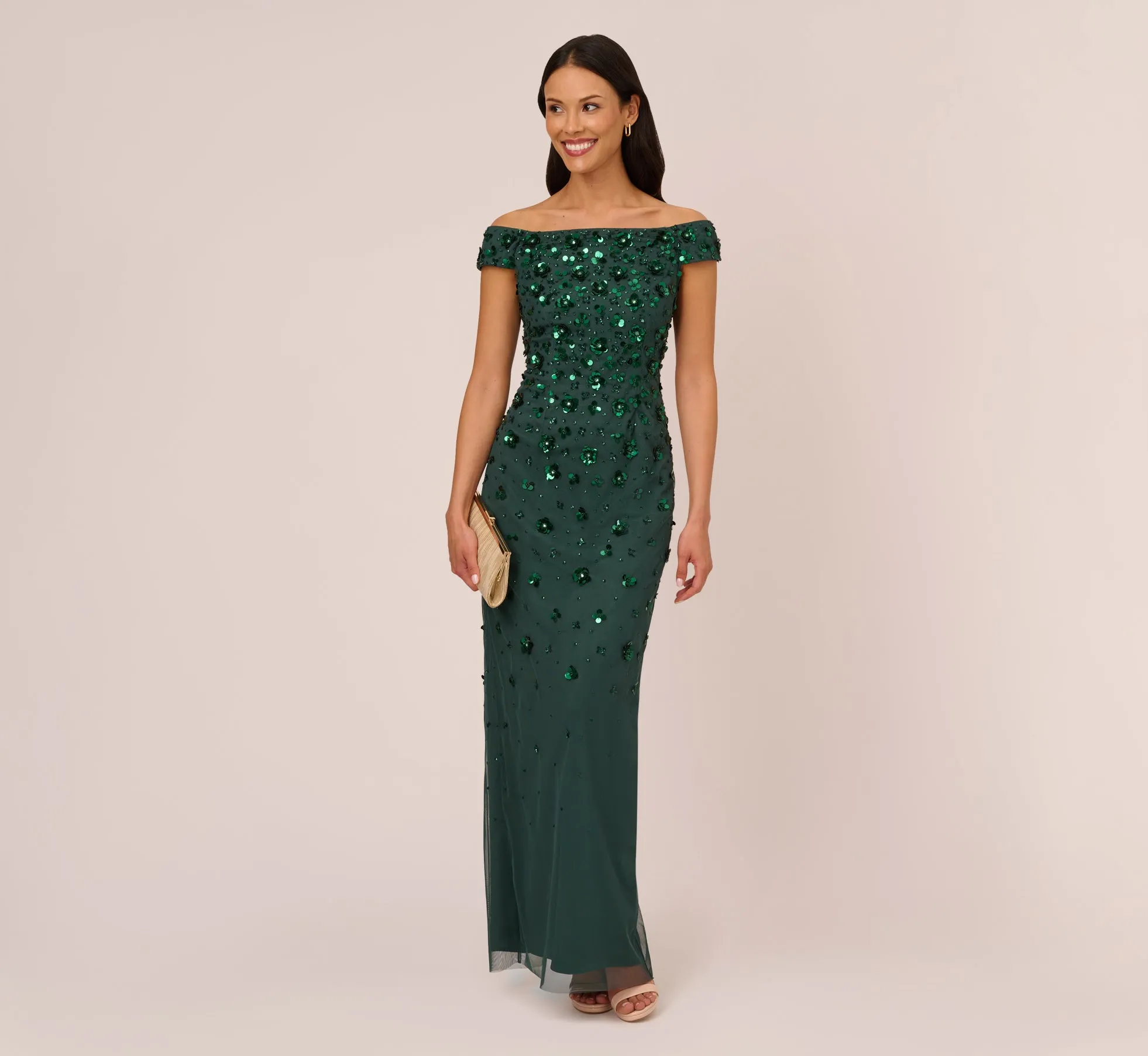 Off Shoulder Dress With Floral Embellishment In Dusty Emerald sold by Adrianna Papell product image thumbnail 2