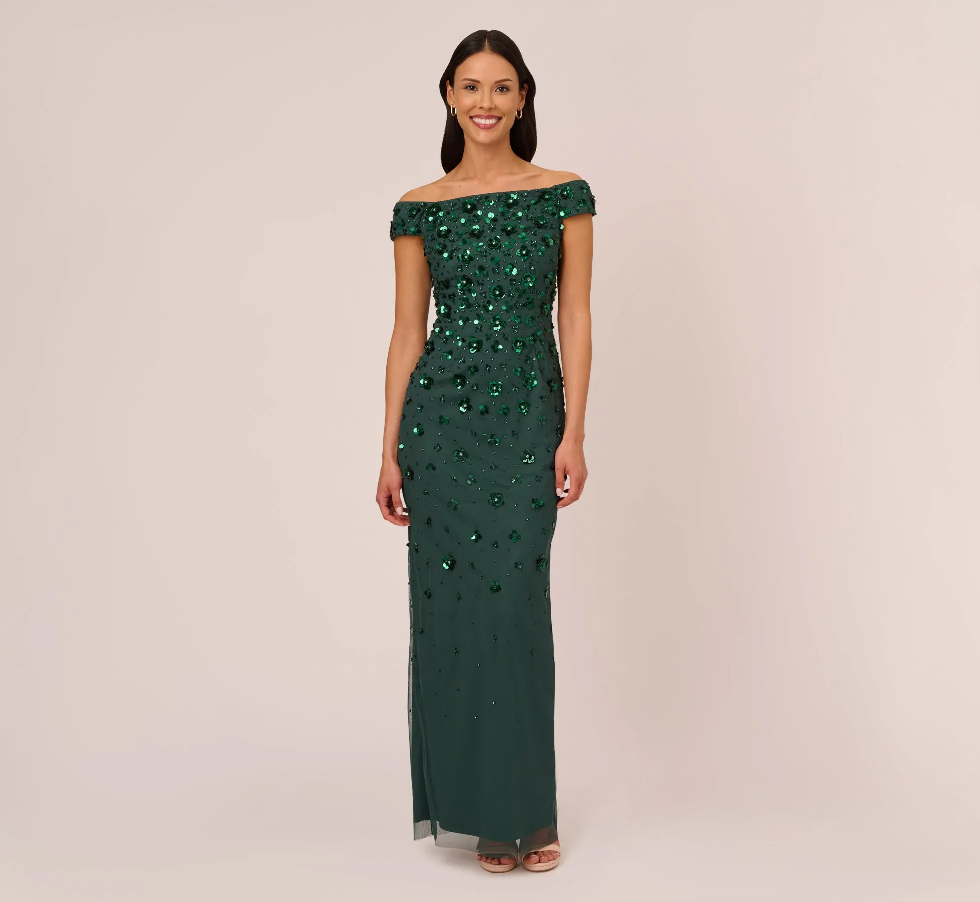 Off Shoulder Dress With Floral Embellishment In Dusty Emerald sold by Adrianna Papell