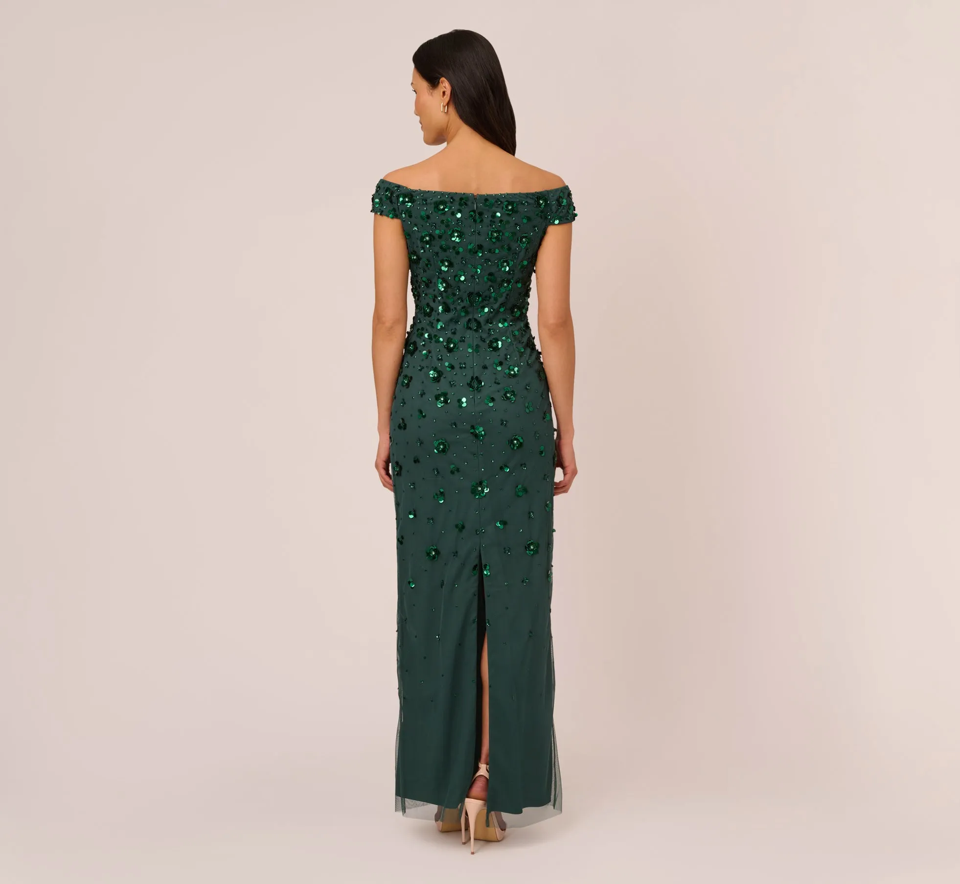 Off Shoulder Dress With Floral Embellishment In Dusty Emerald sold by Adrianna Papell product image thumbnail 3