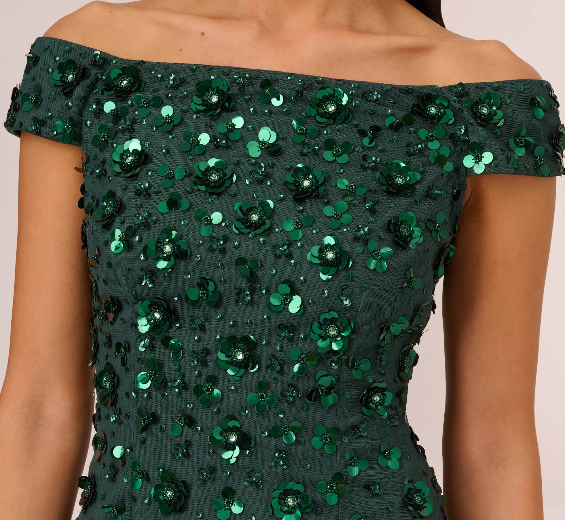 Off Shoulder Dress With Floral Embellishment In Dusty Emerald sold by Adrianna Papell product image thumbnail 4