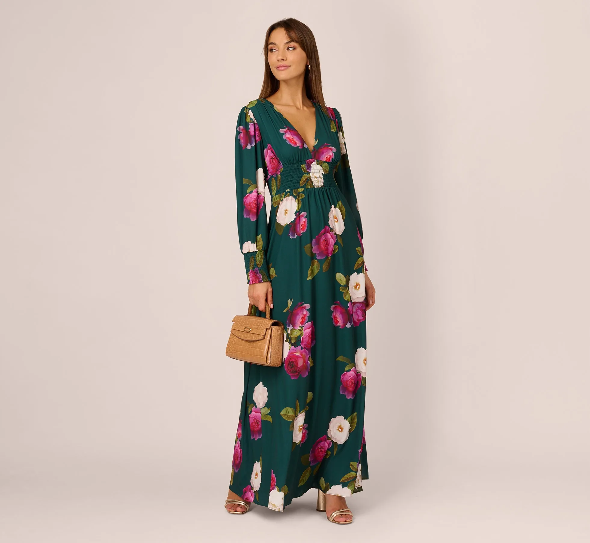 Floral Smock Maxi Dress With Long Sleeves In Green Multi sold by Adrianna Papell product image thumbnail 2