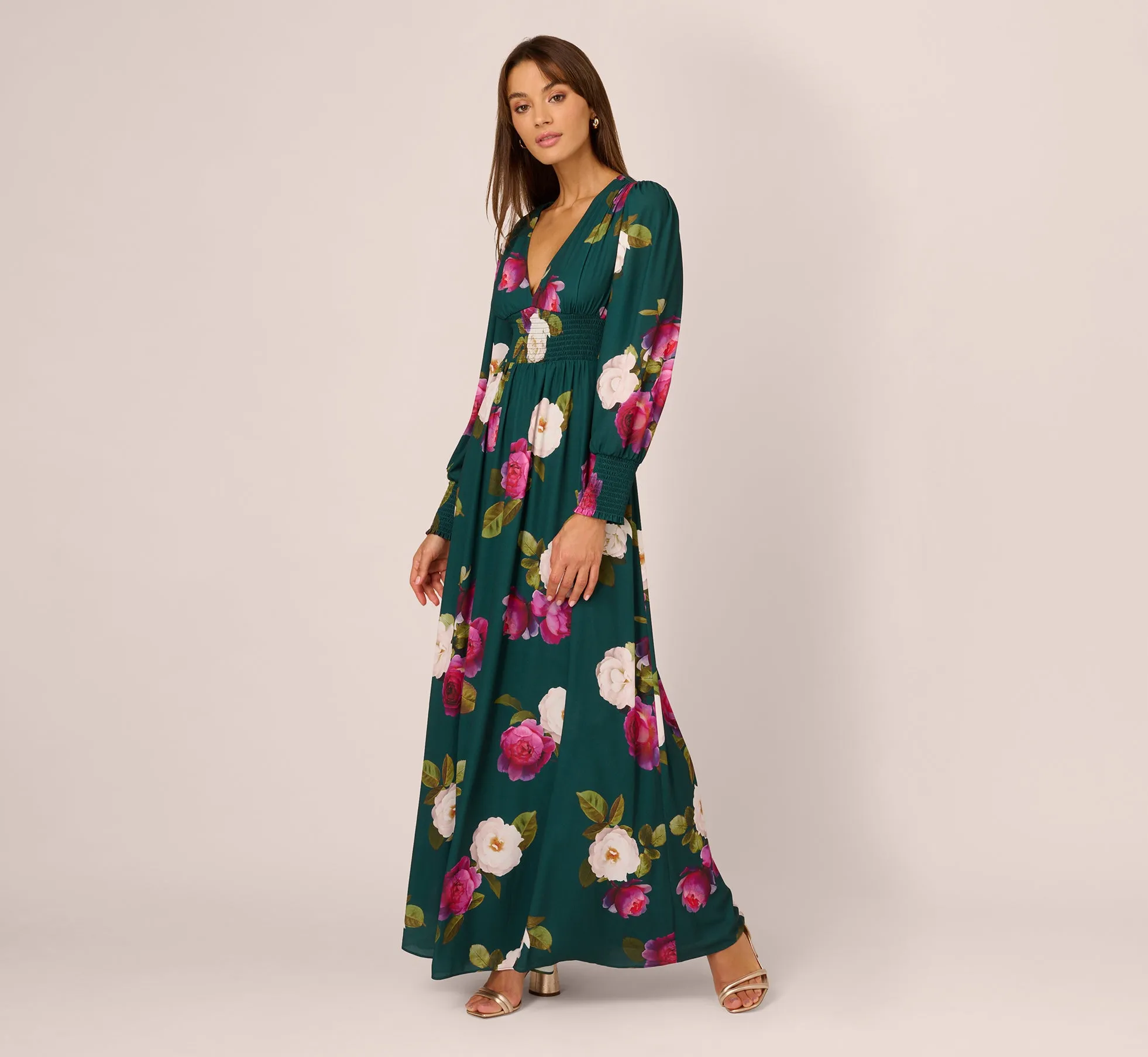 Floral Smock Maxi Dress With Long Sleeves In Green Multi sold by Adrianna Papell