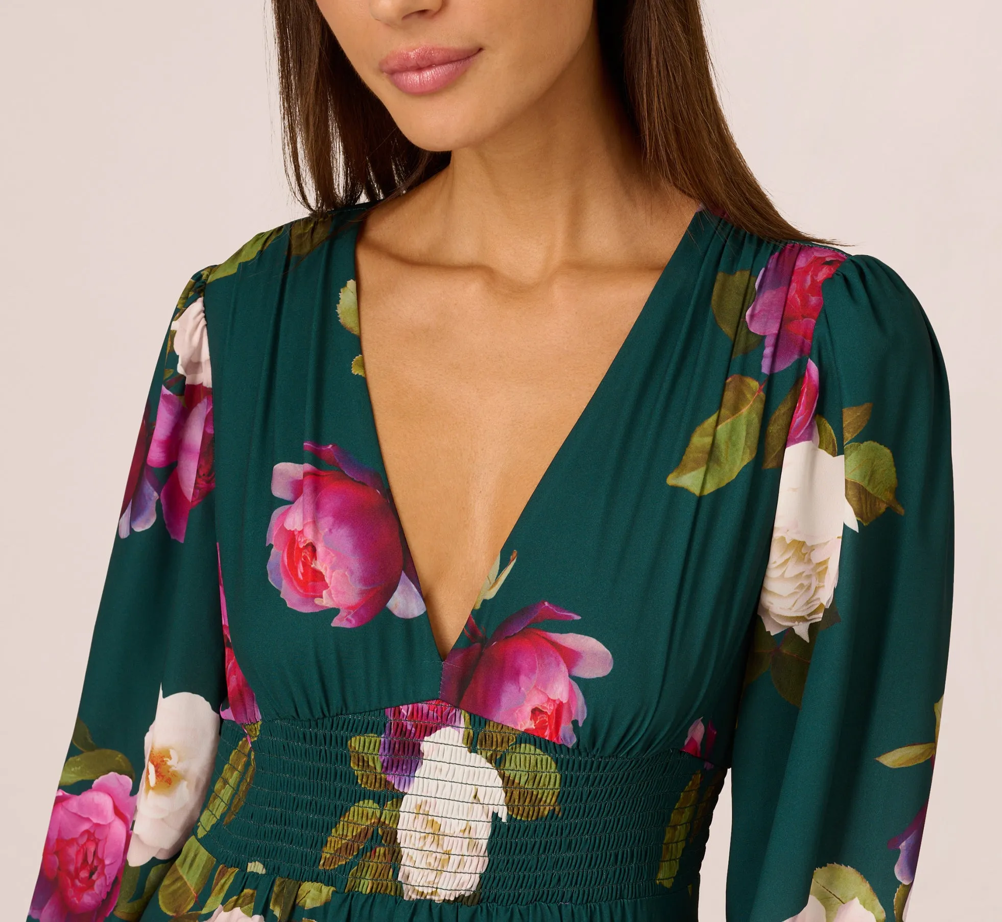 Floral Smock Maxi Dress With Long Sleeves In Green Multi sold by Adrianna Papell product image thumbnail 3