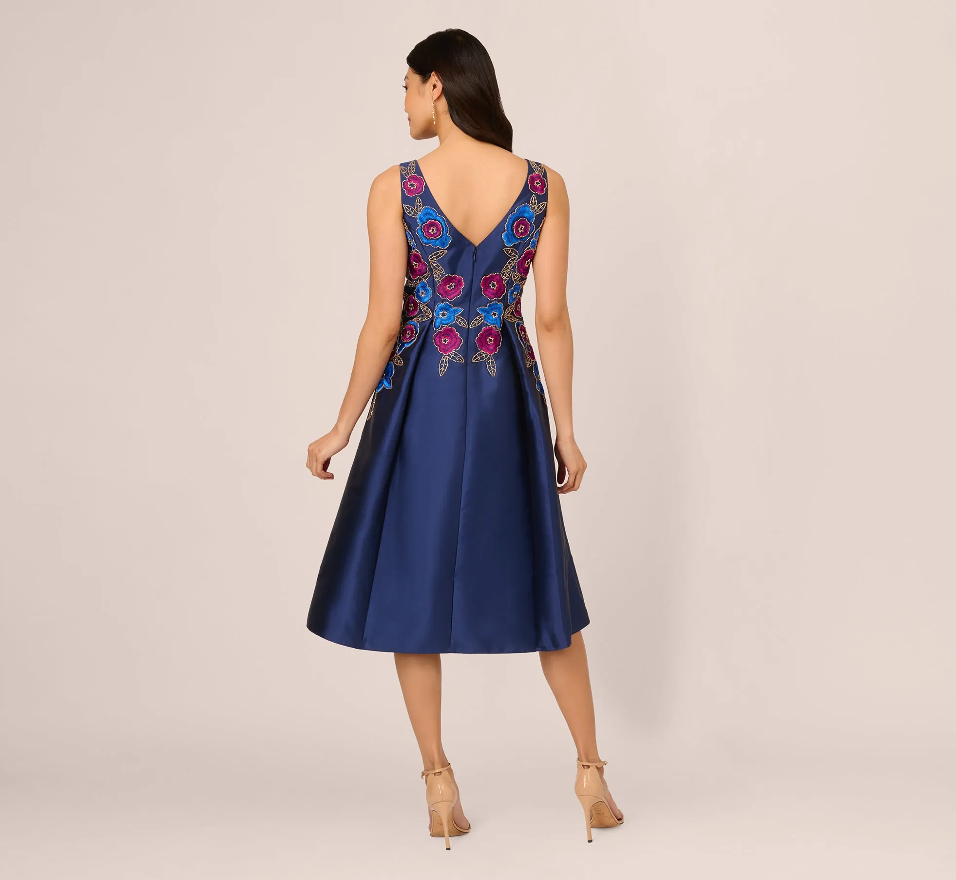 Floral Embroidered Mikado Midi Dress With Beaded Details In Light Navy sold by Adrianna Papell product image thumbnail 4