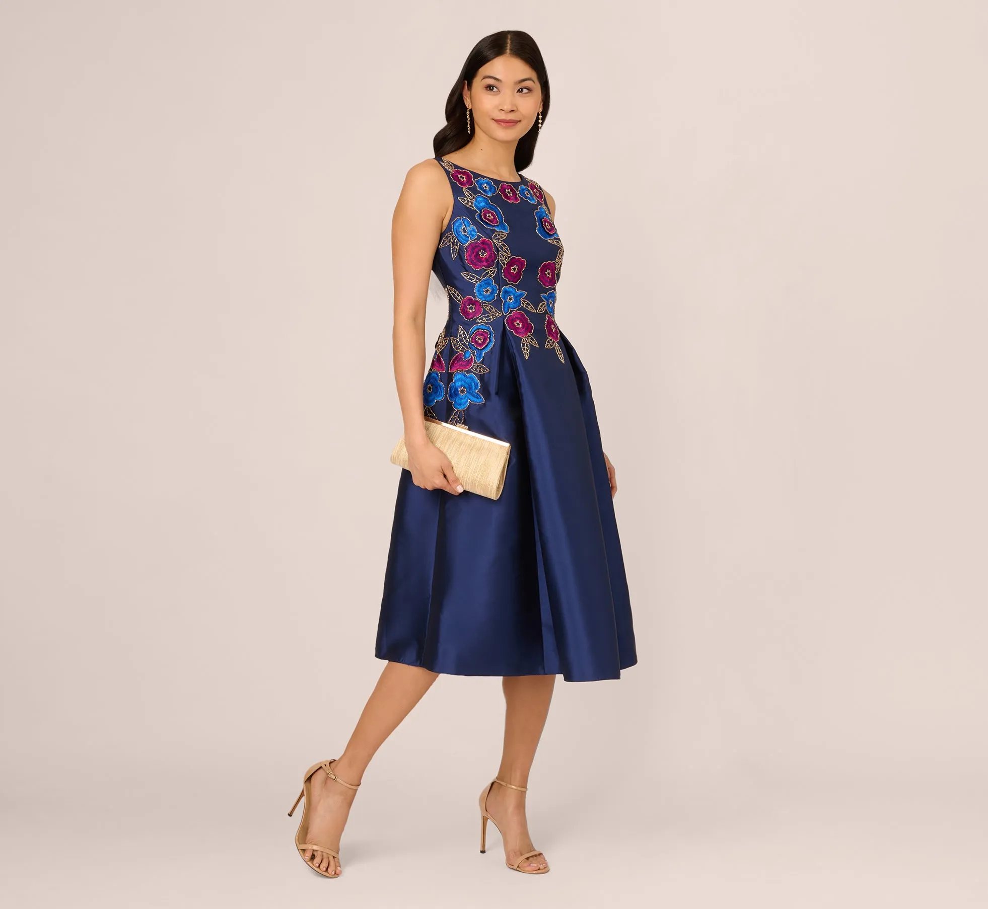 Floral Embroidered Mikado Midi Dress With Beaded Details In Light Navy sold by Adrianna Papell product image thumbnail 2
