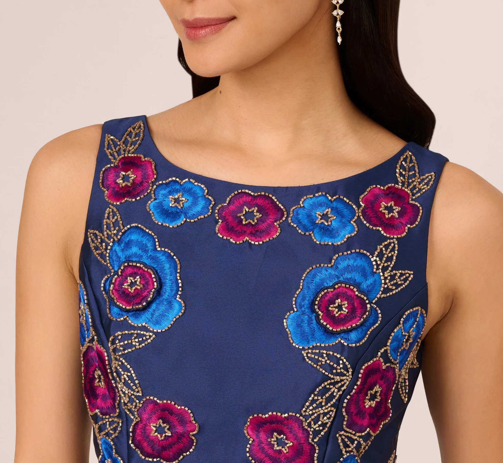 Floral Embroidered Mikado Midi Dress With Beaded Details In Light Navy sold by Adrianna Papell product image thumbnail 3