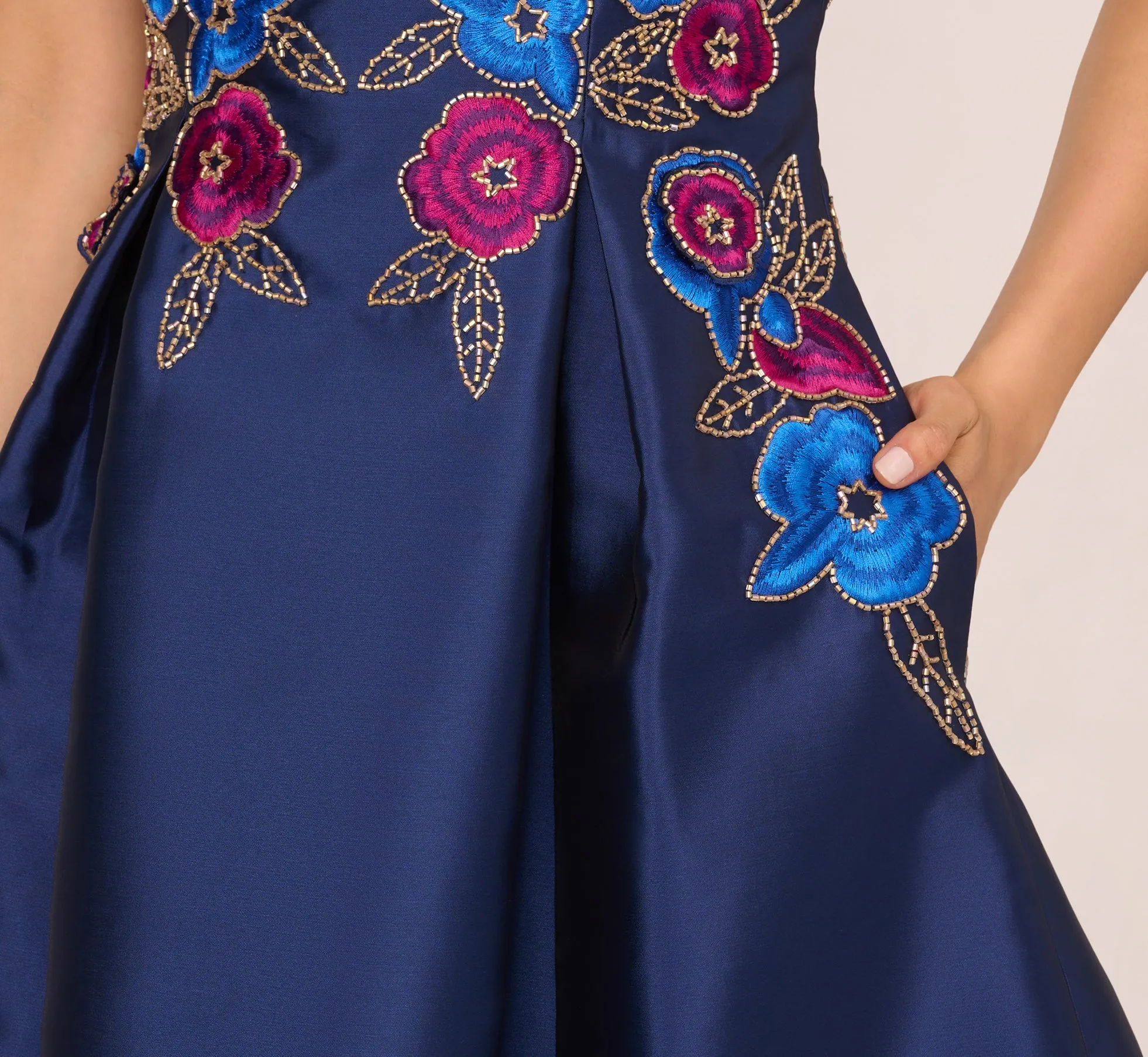 Floral Embroidered Mikado Midi Dress With Beaded Details In Light Navy sold by Adrianna Papell product image thumbnail 5