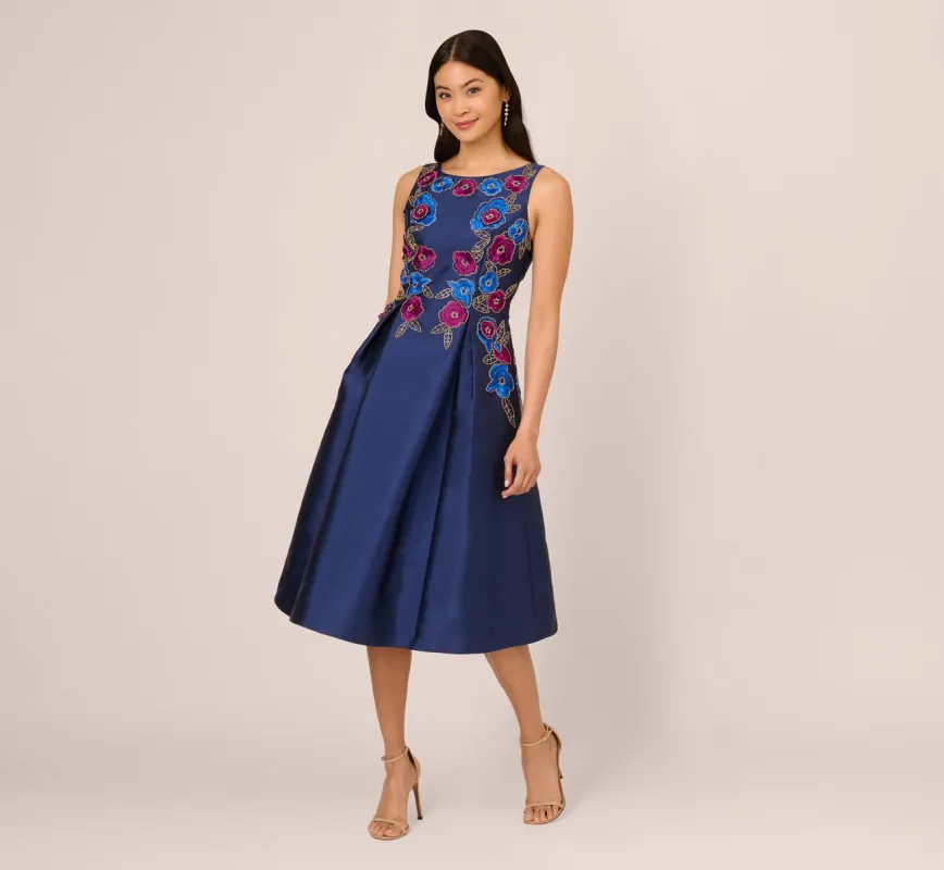 Floral Embroidered Mikado Midi Dress With Beaded Details In Light Navy sold by Adrianna Papell