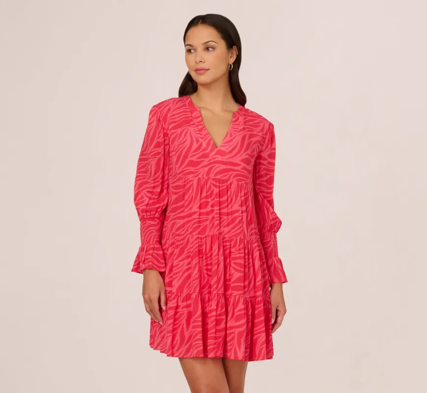 Leaf Print Tiered Shift Dress With Long Bell Sleeves In Pink Multi sold by Adrianna Papell