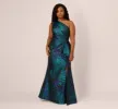 Plus Size One Shoulder Jacquard Mermaid Gown With Drape Detail In Cobalt Teal sold by Adrianna Papell