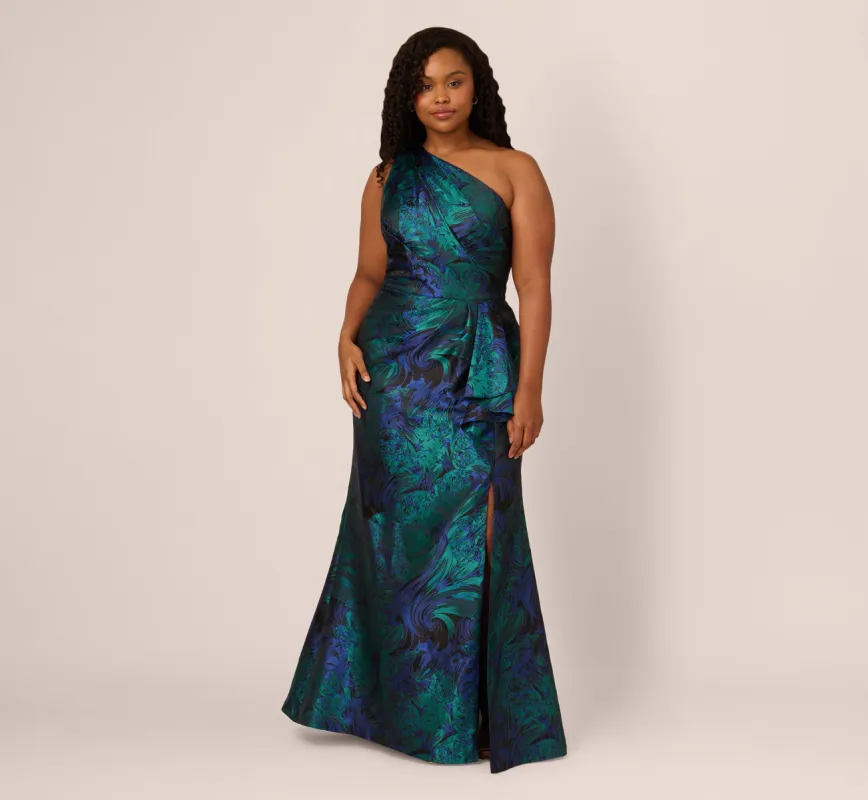 Plus Size One Shoulder Jacquard Mermaid Gown With Drape Detail In Cobalt Teal sold by Adrianna Papell