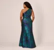 Plus Size One Shoulder Jacquard Mermaid Gown With Drape Detail In Cobalt Teal sold by Adrianna Papell