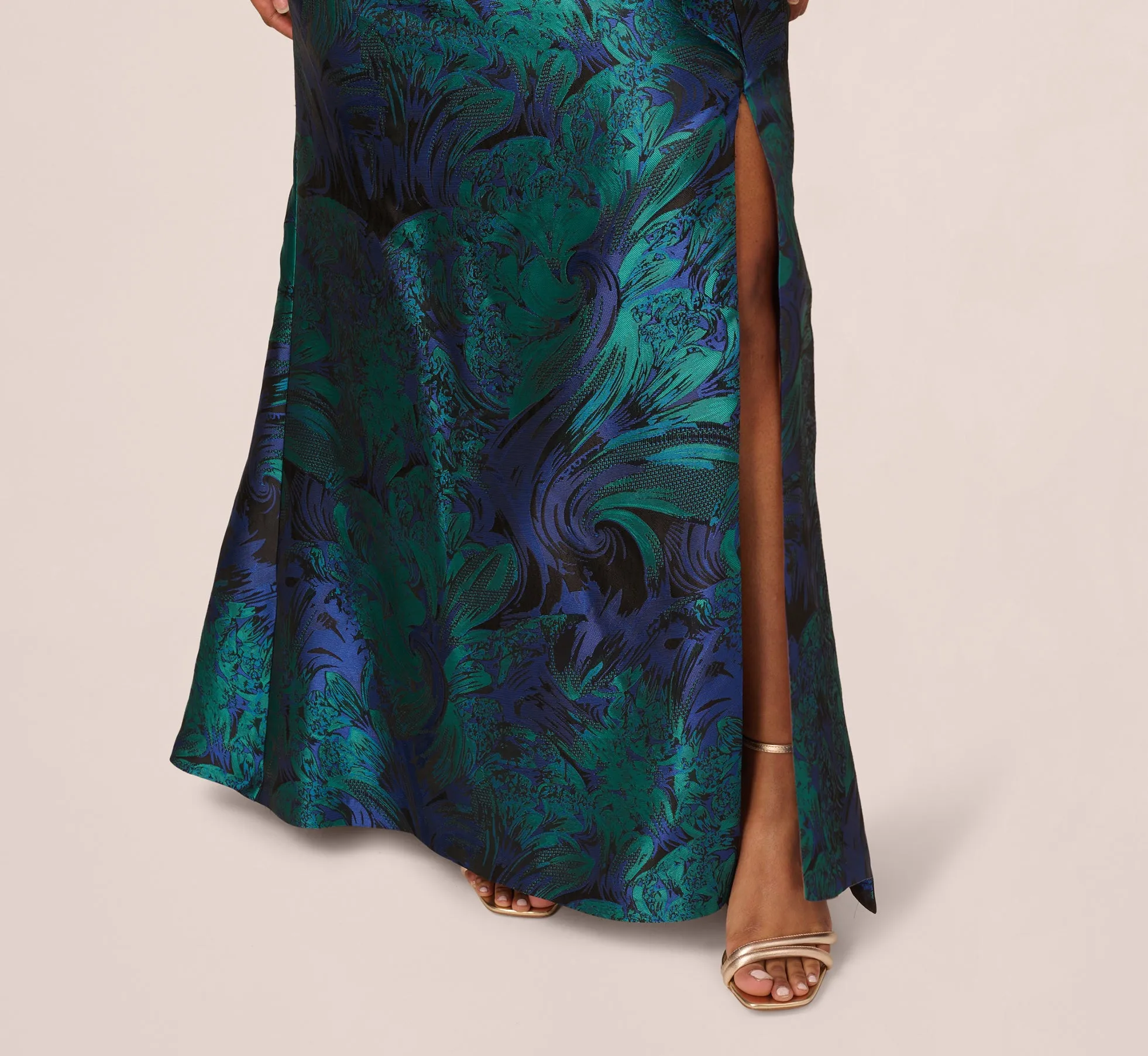 Plus Size One Shoulder Jacquard Mermaid Gown With Drape Detail In Cobalt Teal sold by Adrianna Papell product image thumbnail 3