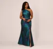Plus Size One Shoulder Jacquard Mermaid Gown With Drape Detail In Cobalt Teal sold by Adrianna Papell