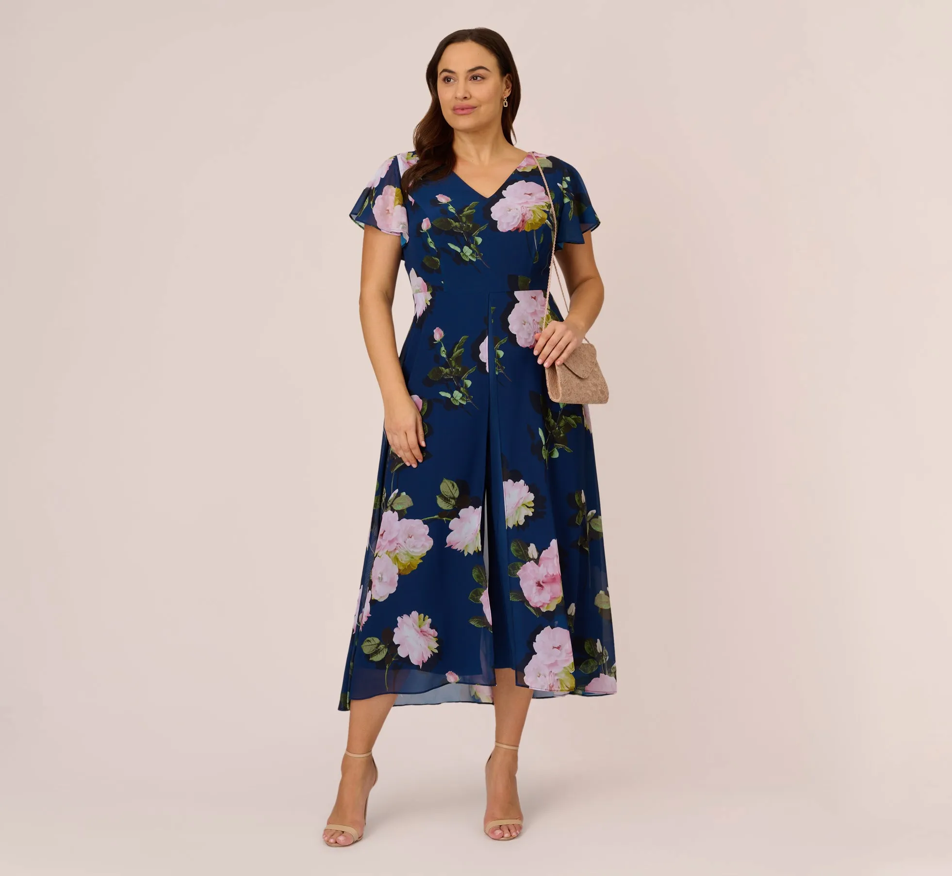 Plus Size Floral Print Chiffon Cropped Jumpsuit In Navy Multi sold by Adrianna Papell product image thumbnail 2