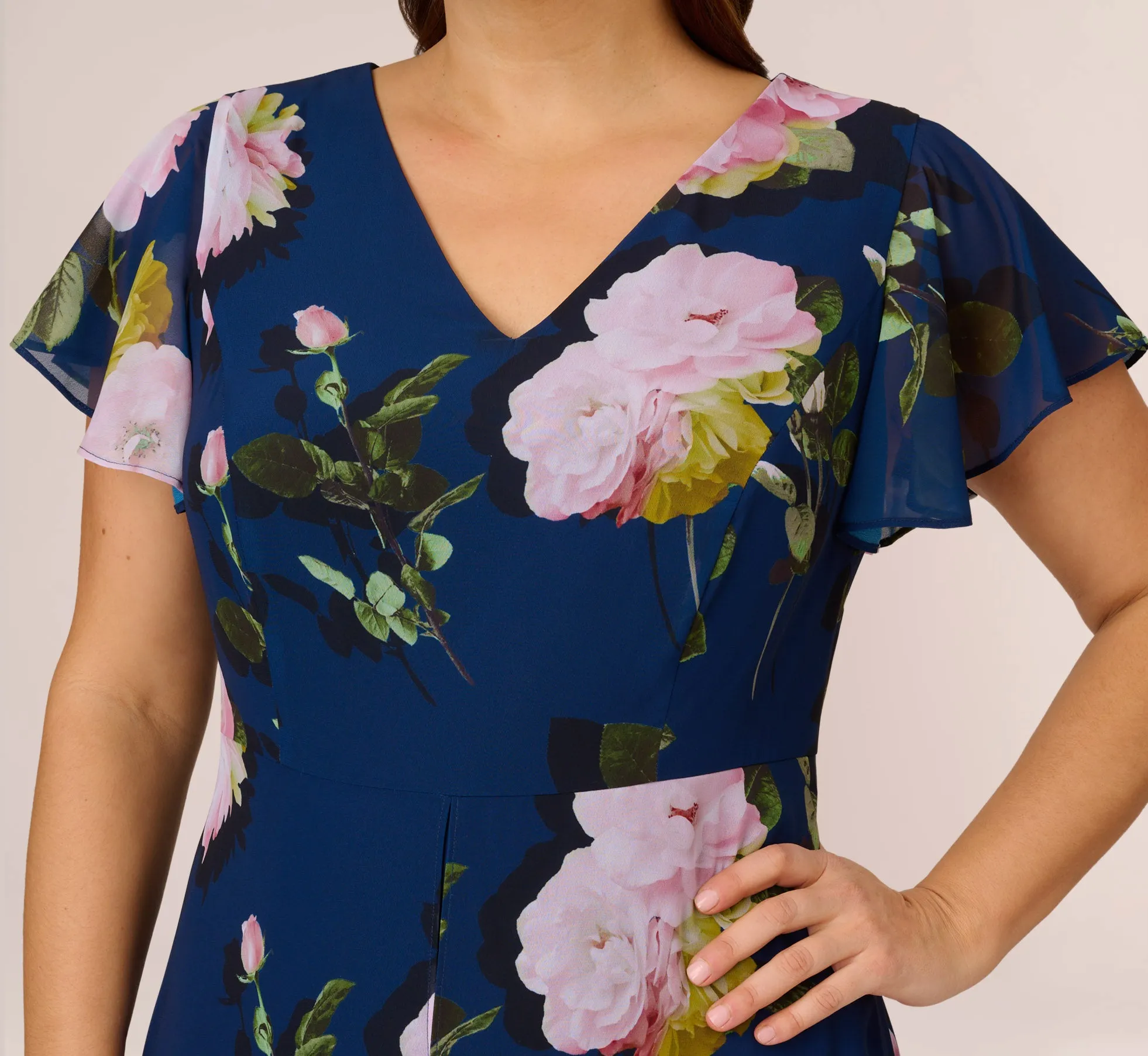 Plus Size Floral Print Chiffon Cropped Jumpsuit In Navy Multi sold by Adrianna Papell product image thumbnail 3