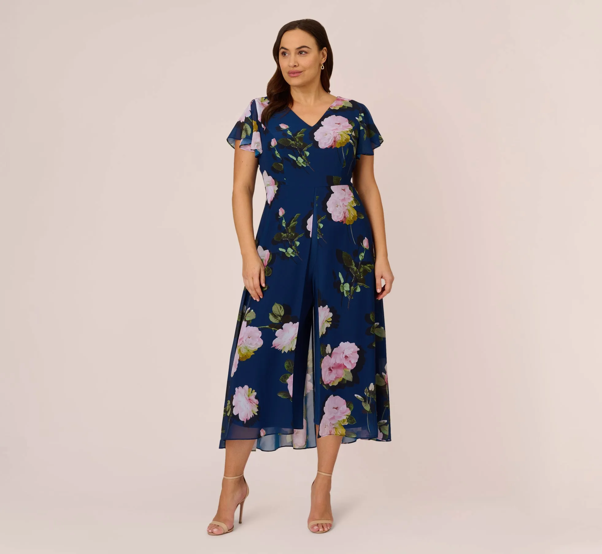 Plus Size Floral Print Chiffon Cropped Jumpsuit In Navy Multi sold by Adrianna Papell