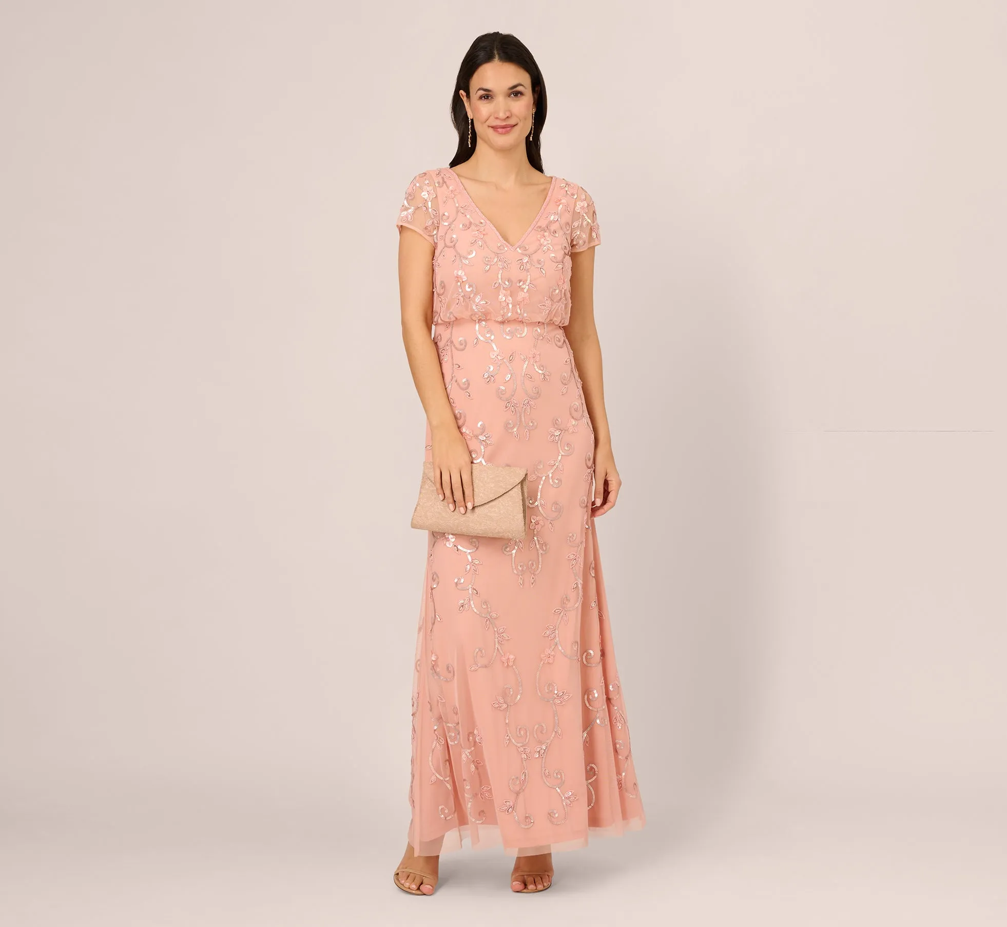 Beaded Blouson Mermaid Gown With Sheer Short Sleeves In Coral Coast sold by Adrianna Papell product image thumbnail 2