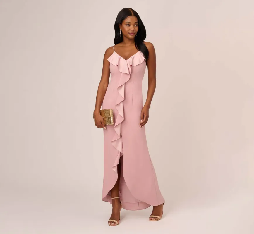 Satin Crepe Ruffle Front Long Gown In Steel Rose sold by Adrianna Papell