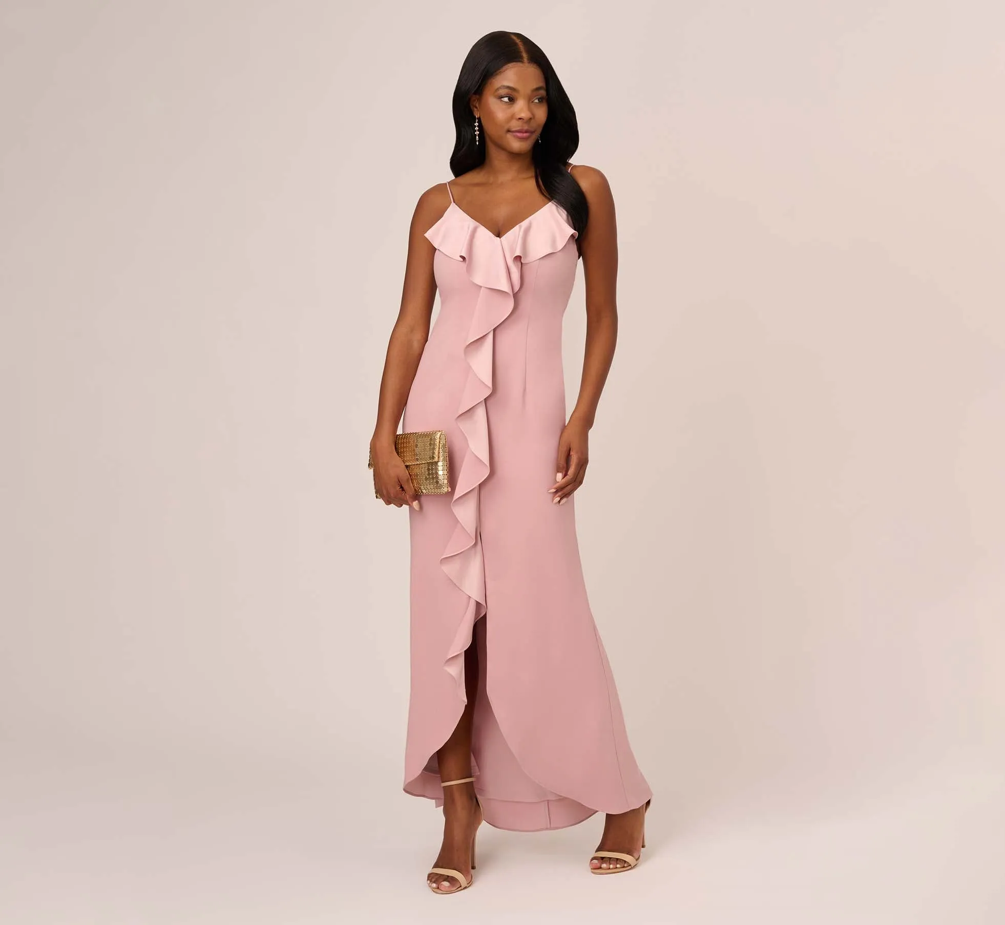 Satin Crepe Ruffle Front Long Gown In Steel Rose sold by Adrianna Papell