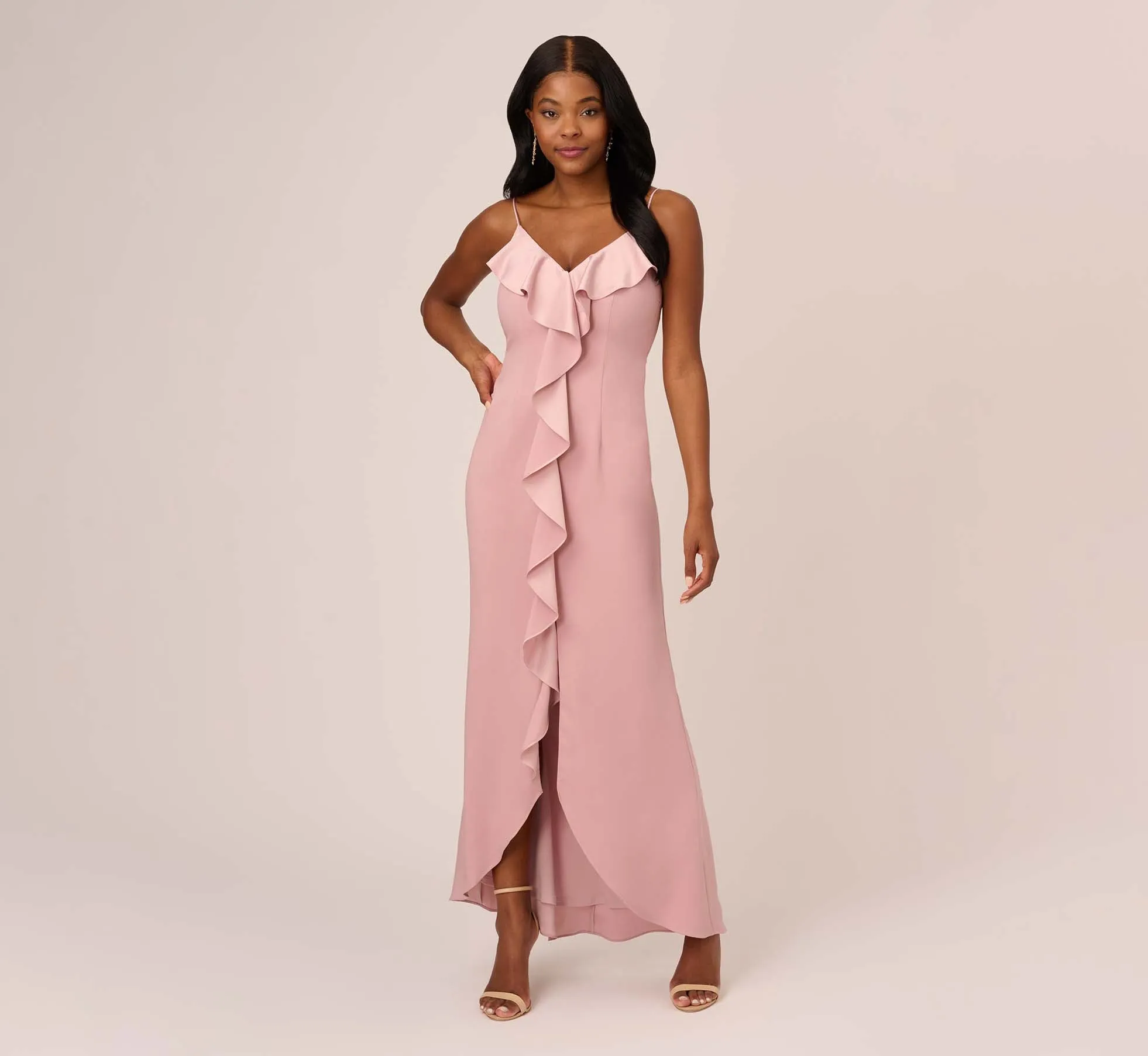 Satin Crepe Ruffle Front Long Gown In Steel Rose sold by Adrianna Papell product image thumbnail 2
