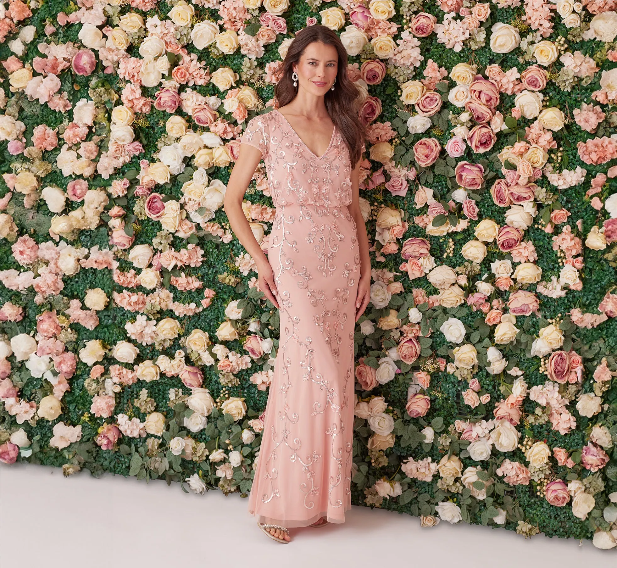 Beaded Blouson Mermaid Gown With Sheer Short Sleeves In Coral Coast sold by Adrianna Papell product image thumbnail 3