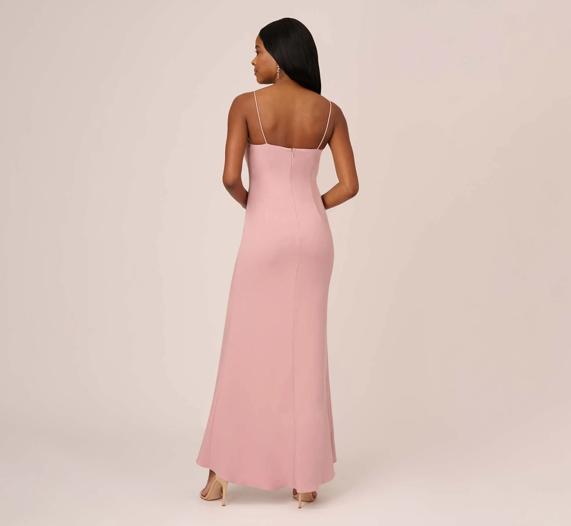 Satin Crepe Ruffle Front Long Gown In Steel Rose sold by Adrianna Papell product image thumbnail 4
