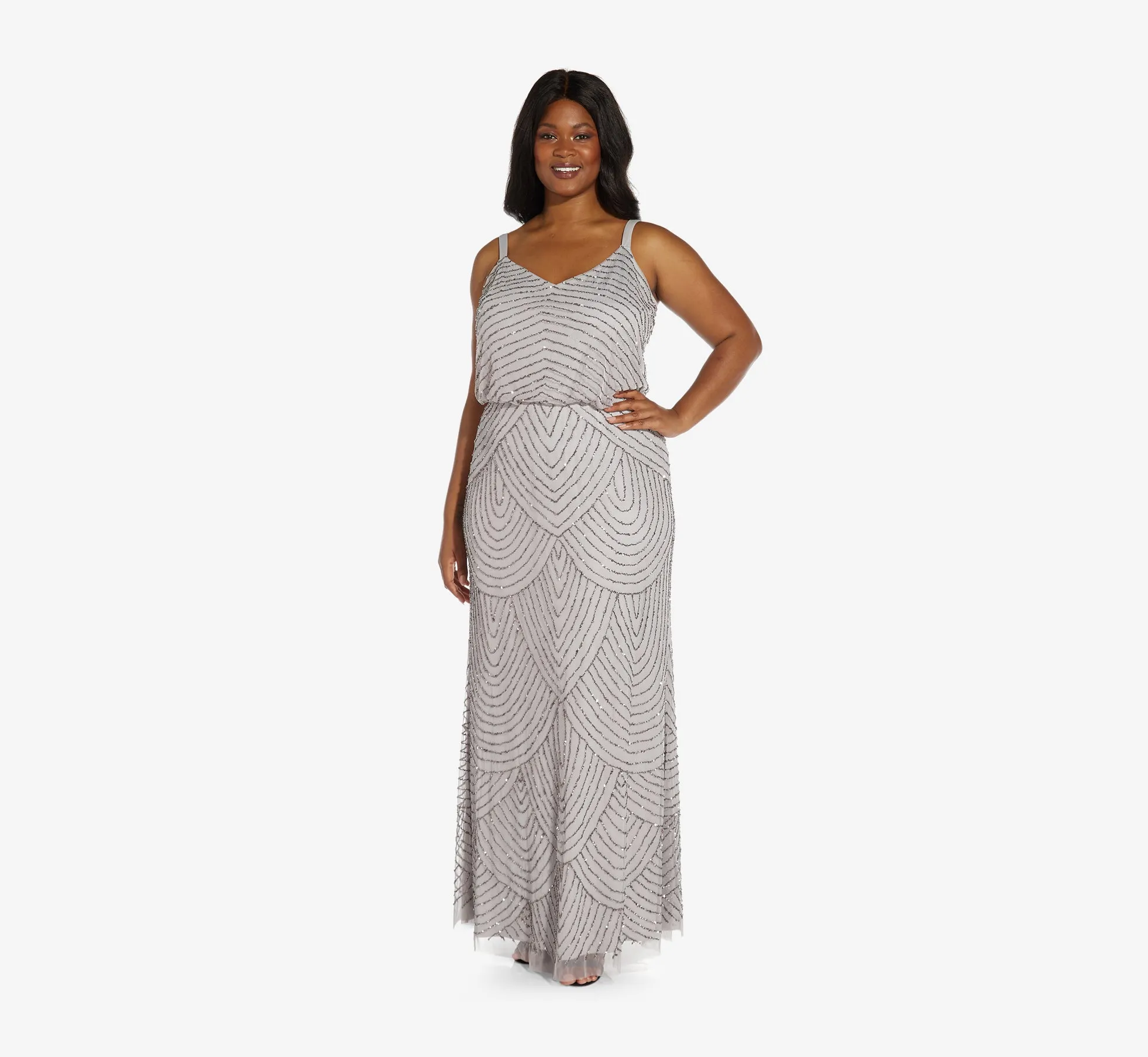 Plus Size Art Deco Beaded Blouson Gown In Bridal Silver sold by Adrianna Papell