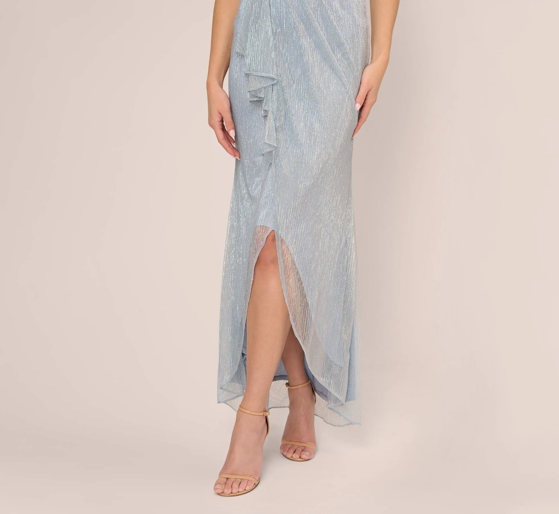 Metallic Mesh Faux Wrap Gown With Ruffle Accents In Sky Blue sold by Adrianna Papell product image thumbnail 5