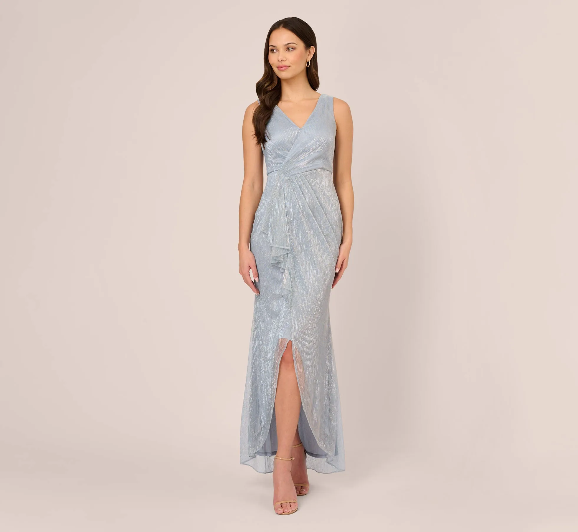 Metallic Mesh Faux Wrap Gown With Ruffle Accents In Sky Blue sold by Adrianna Papell