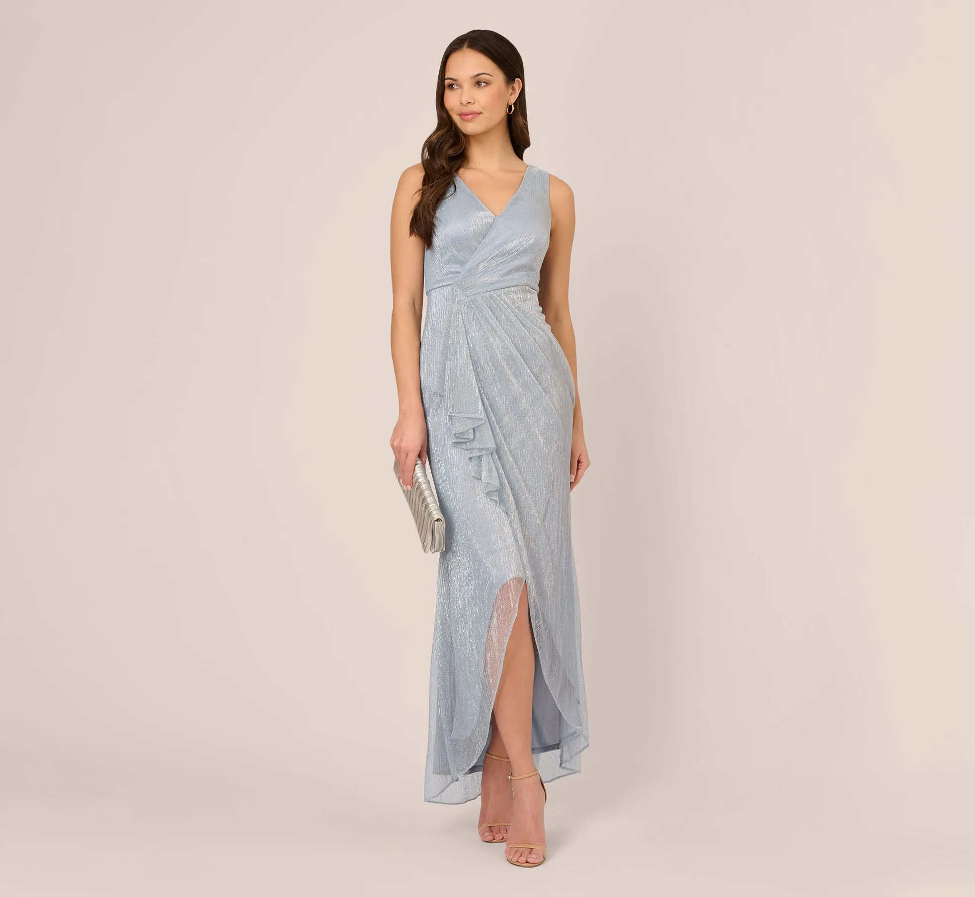 Metallic Mesh Faux Wrap Gown With Ruffle Accents In Sky Blue sold by Adrianna Papell product image thumbnail 2