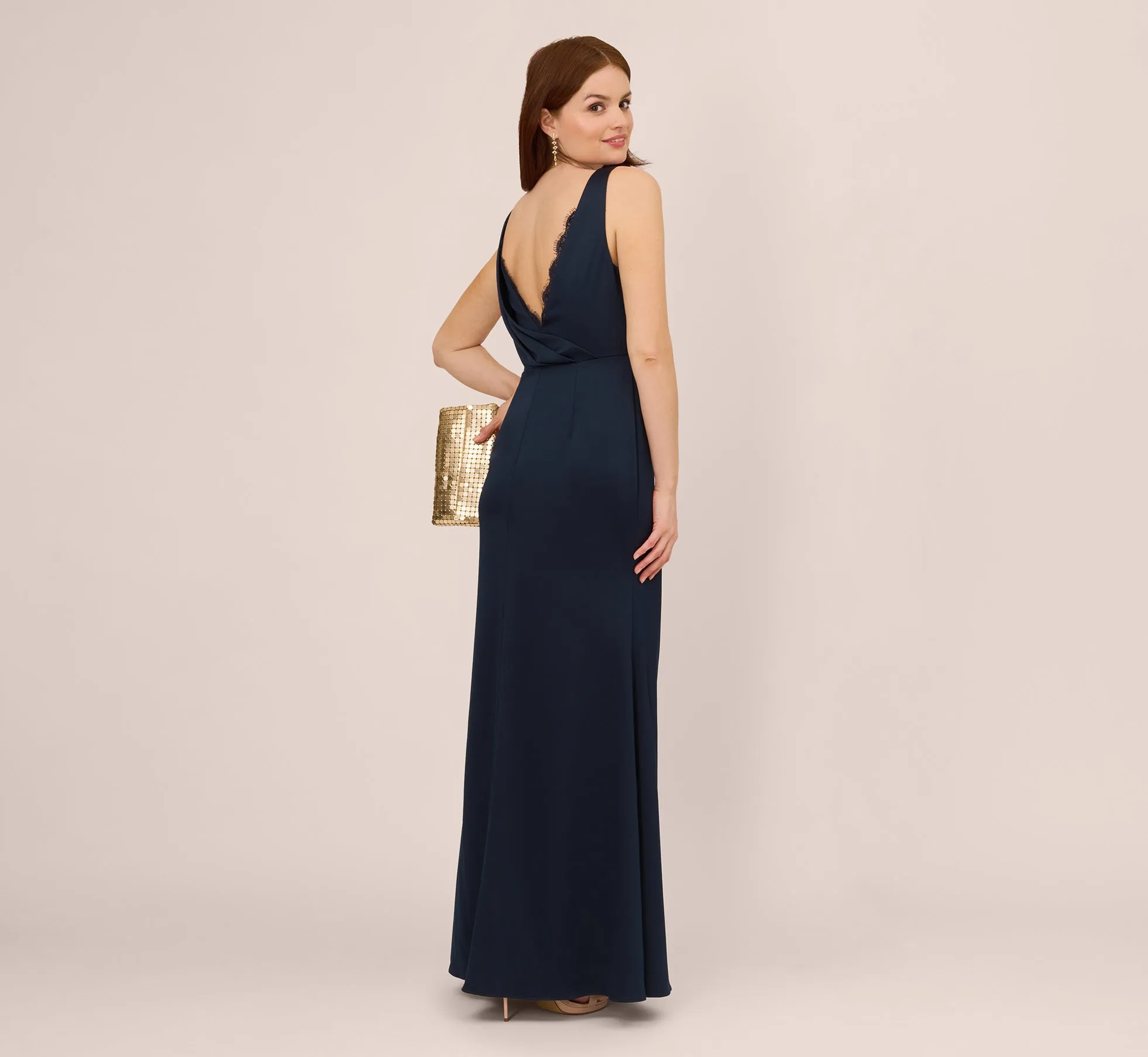 Satin Crepe Mermaid Gown With Lace Accent Cowl Back In Dark Navy sold by Adrianna Papell product image thumbnail 2