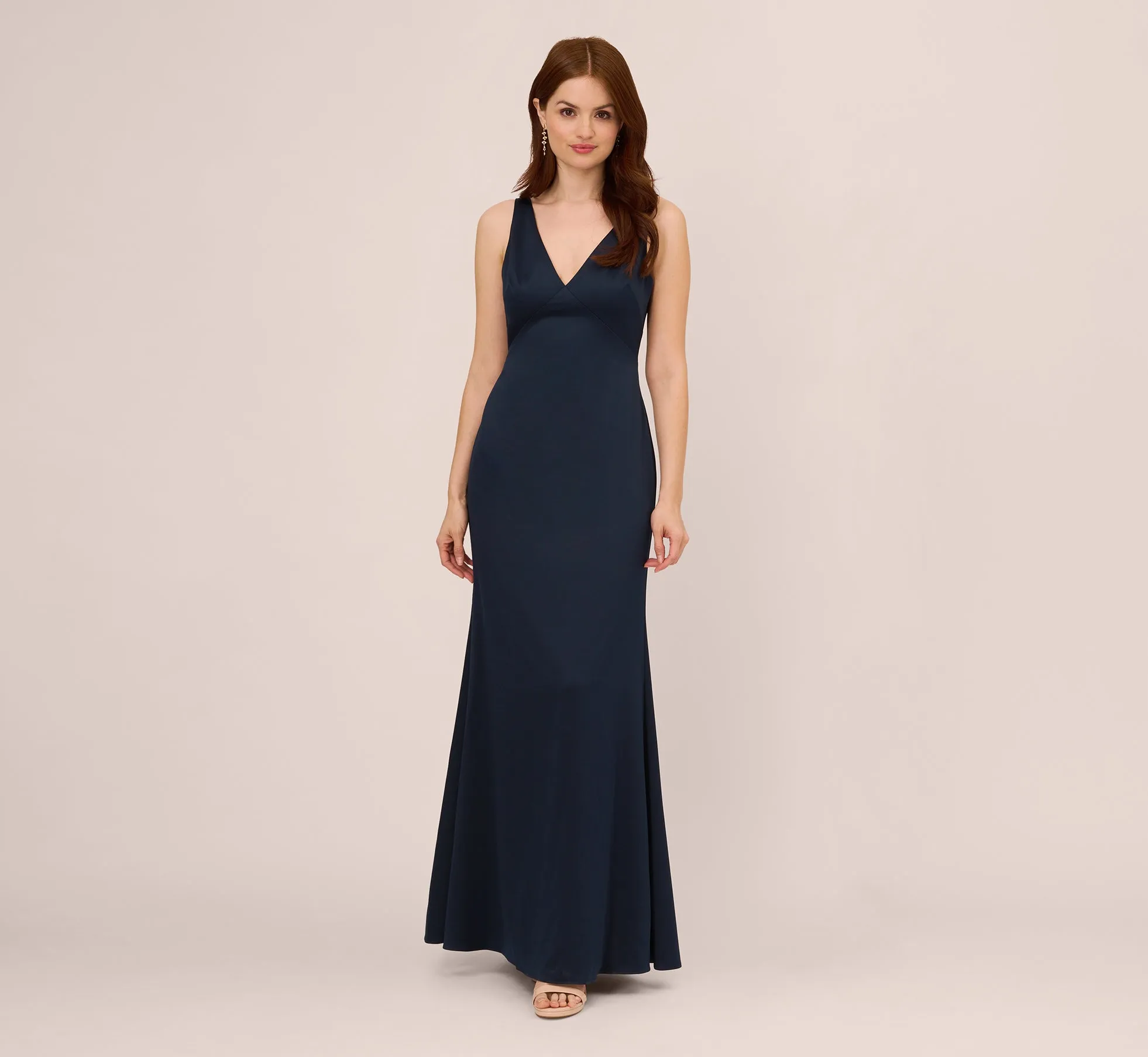 Satin Crepe Mermaid Gown With Lace Accent Cowl Back In Dark Navy sold by Adrianna Papell